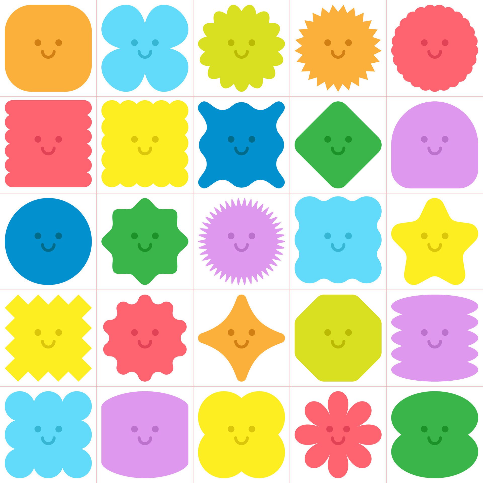 Cute colorful geometric shapes with variety of fun and bubbly characters pattern sticker set Free Vector