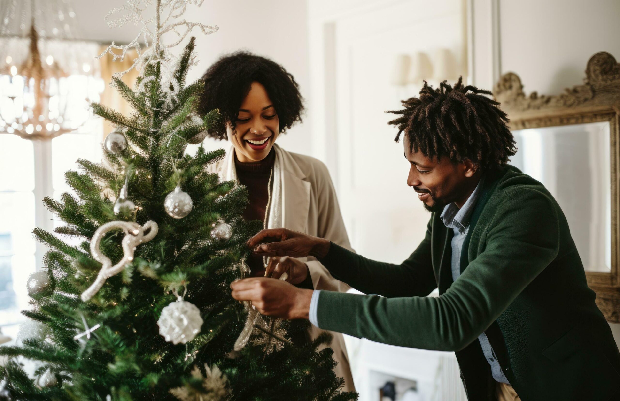 a man and woman decorate the christmas tree, Free Photo