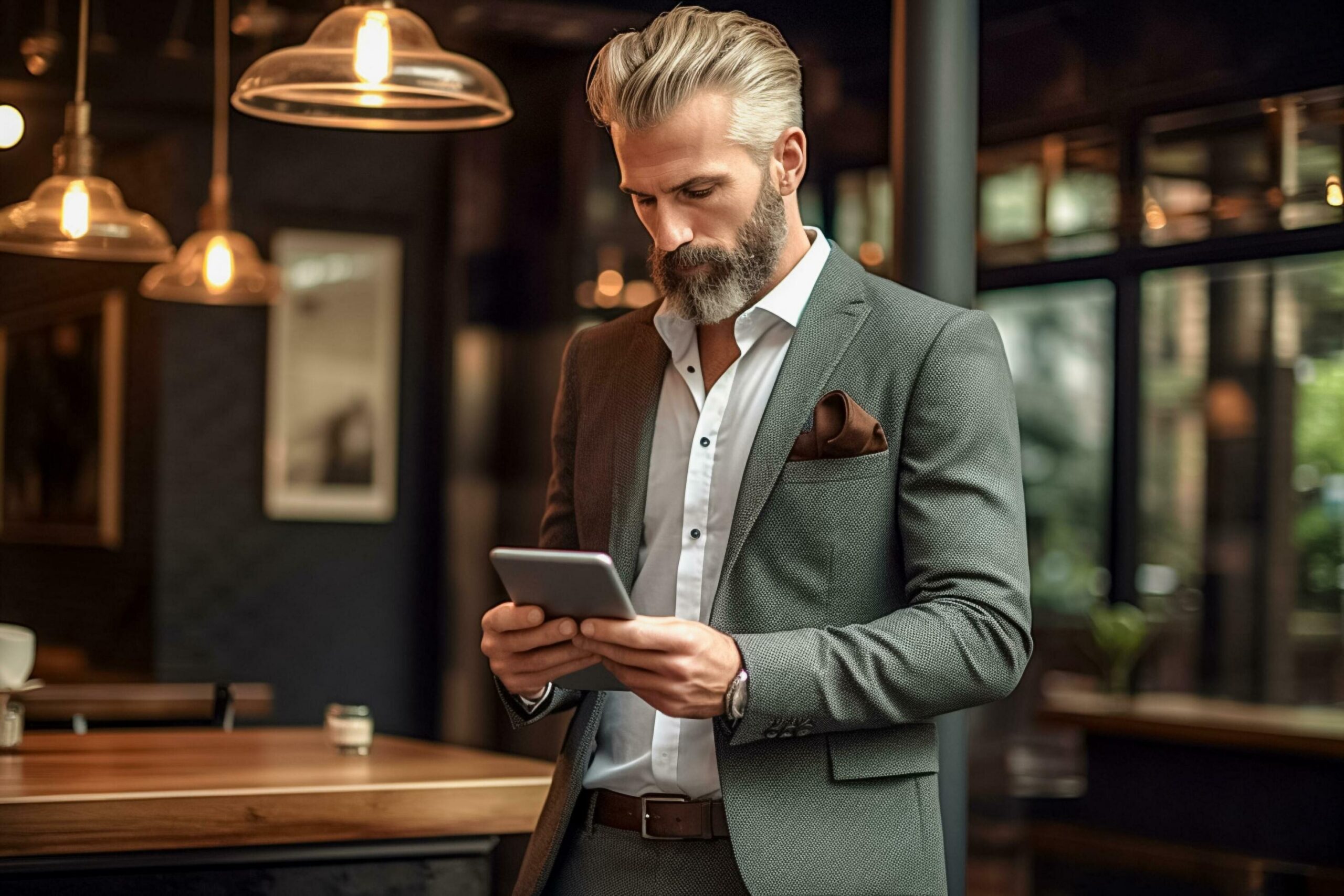 Portrait of Businessman wearing suit using tablet and smiling with colleague in office. AI Generated Free Photo