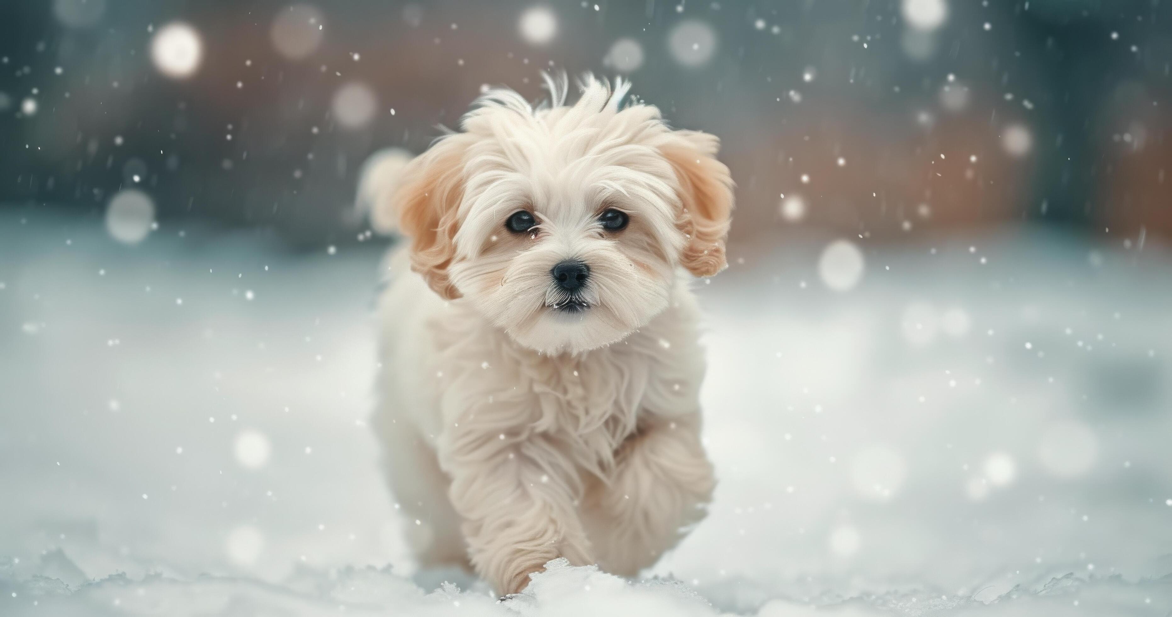 Playful Puppy Running Through Snow With Sparkling Lights in Winter Wonderland Stock Free