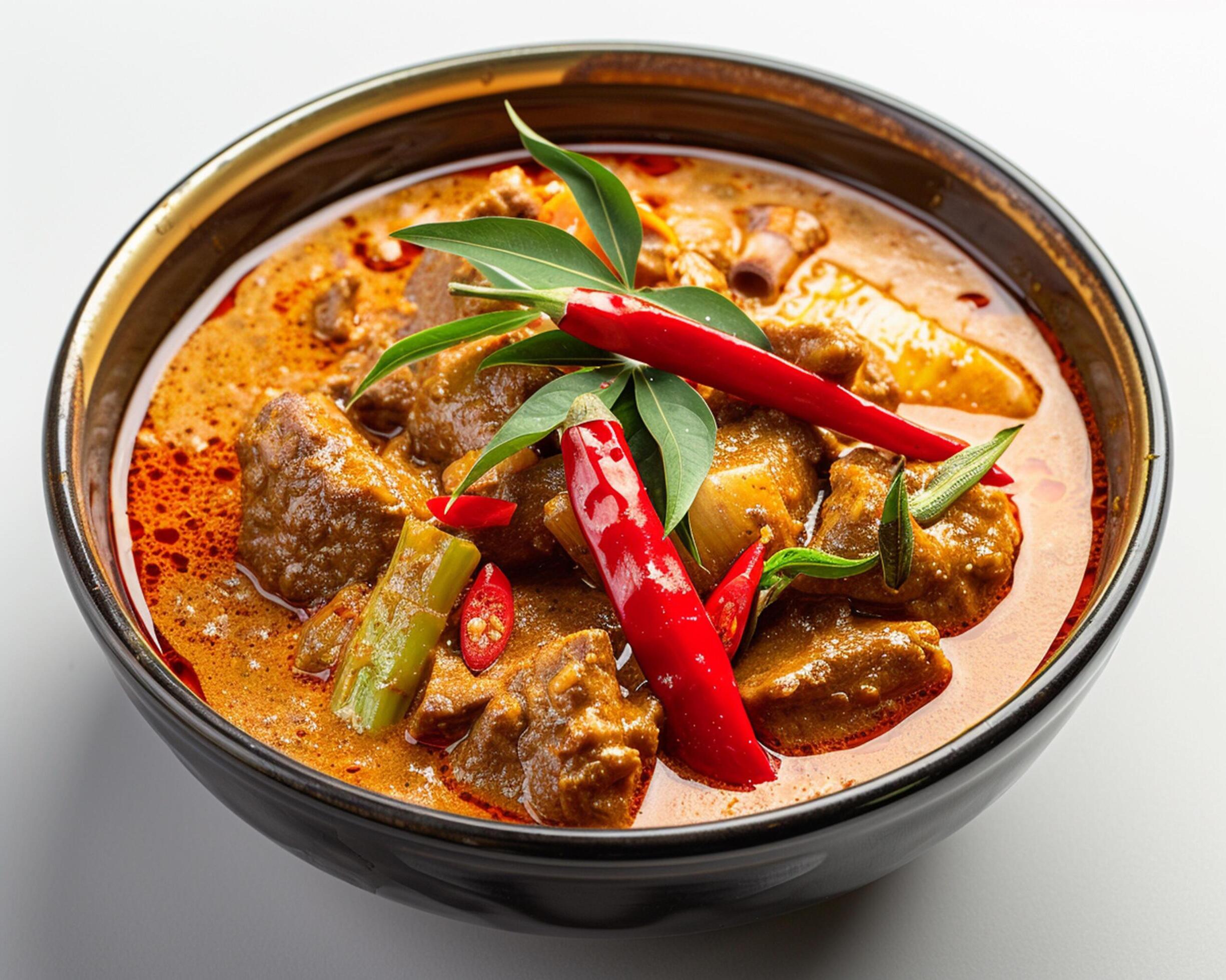 a bowl of curry with red peppers and green onions Stock Free