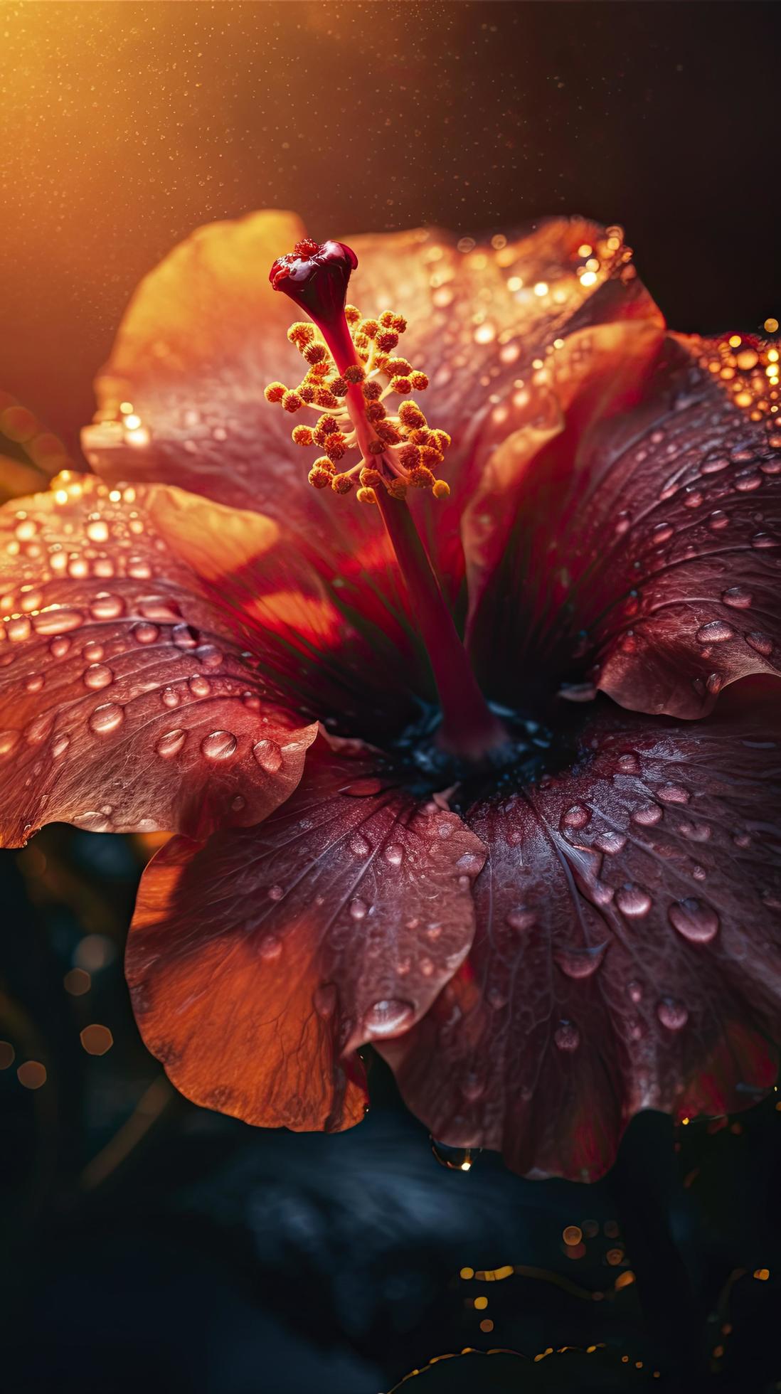 hibiscus flower with water drops with random background, sun rise, Generate Ai Stock Free