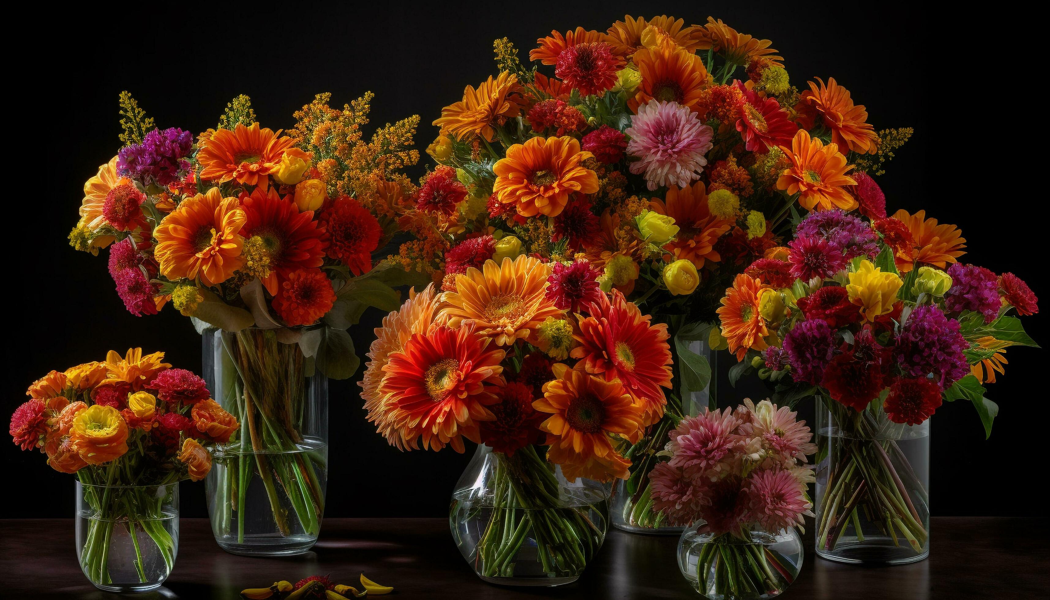 A vibrant bouquet of fresh flowers in glass generated by AI Stock Free