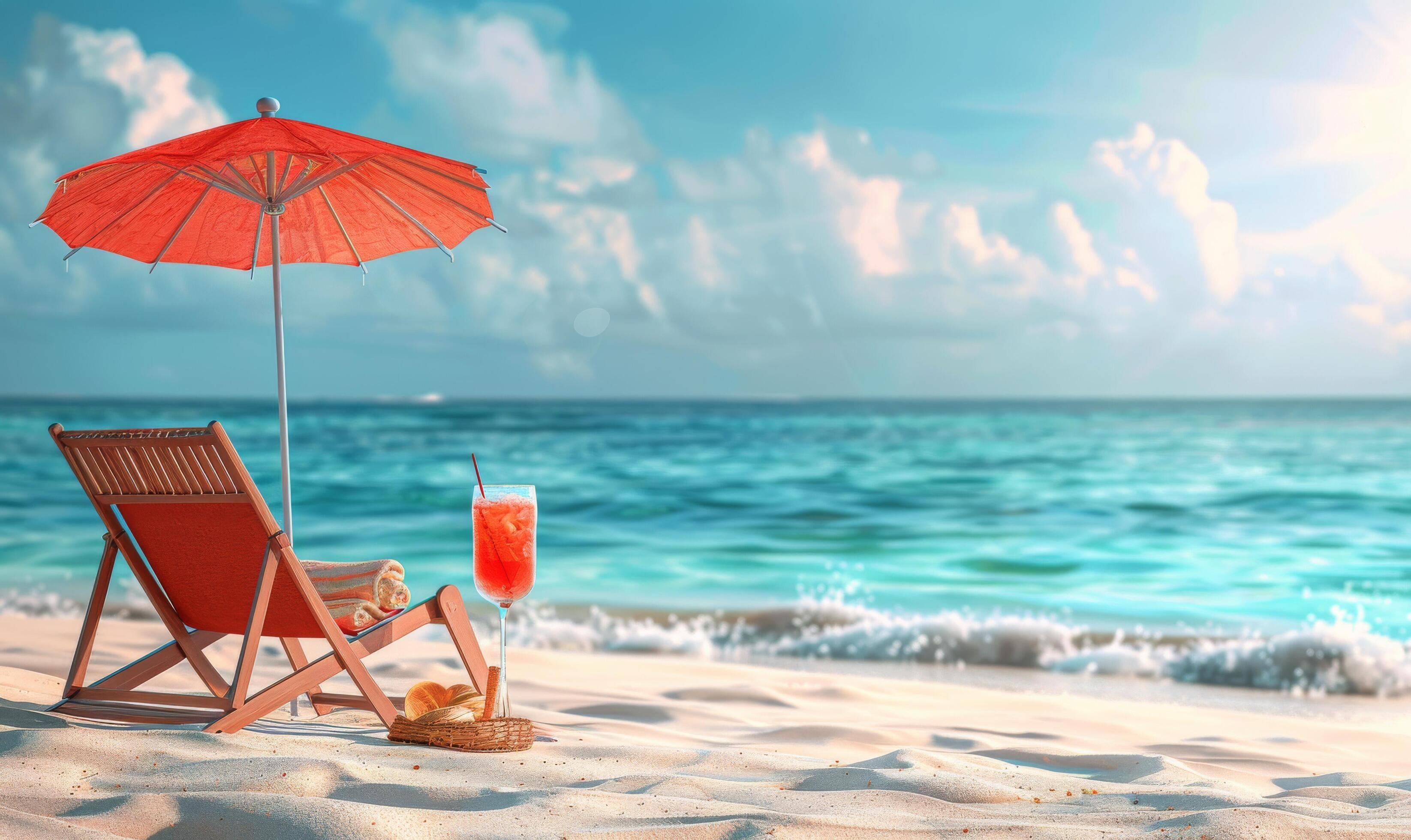 Relaxing Beach Scene With Red Umbrella and Beach Chair Stock Free