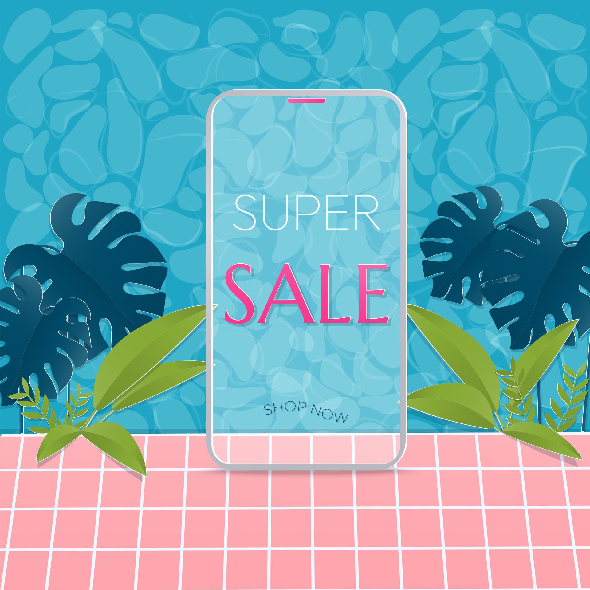 Smartphone and swimming pool sale banner Free Vector