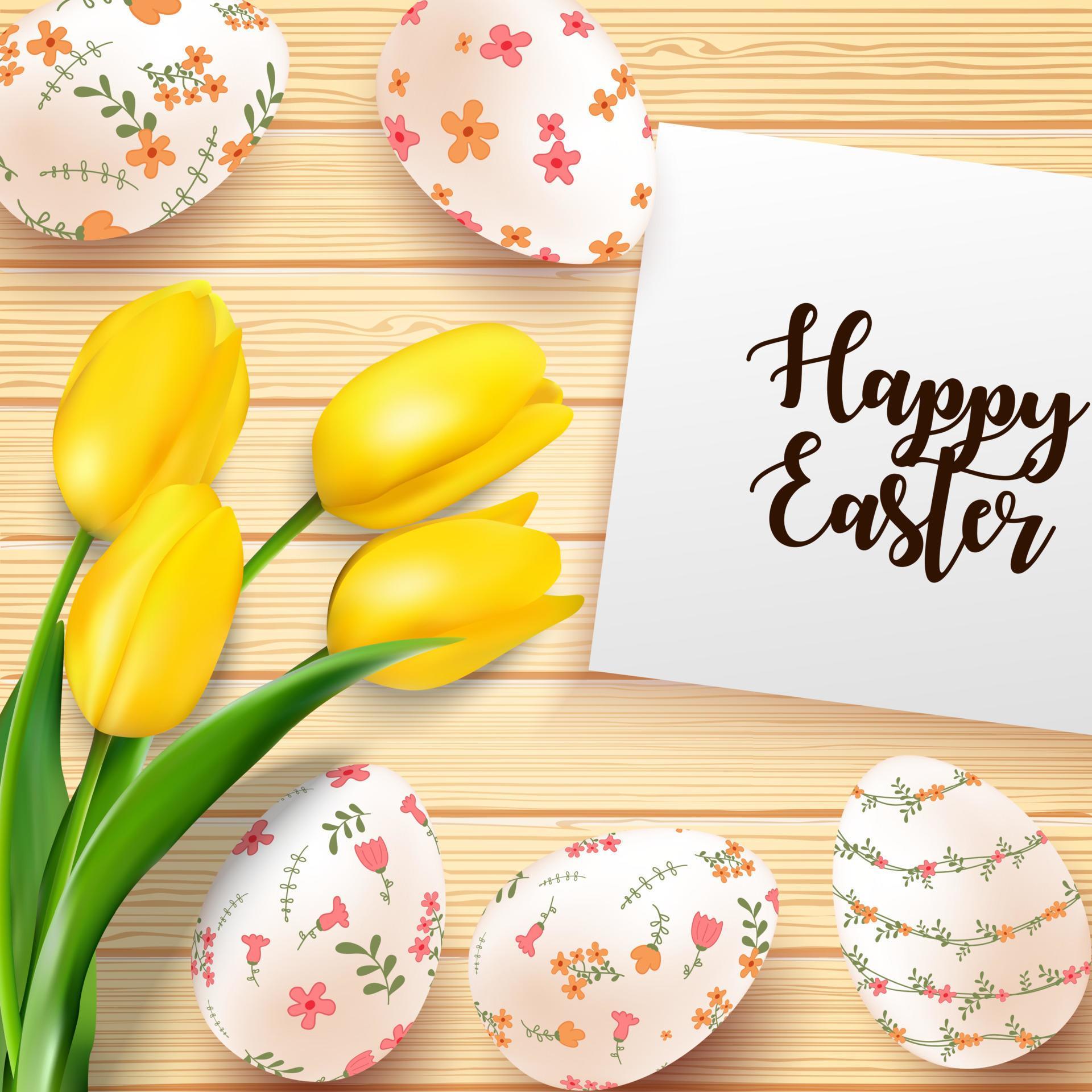 Vector illustration of Easter eggs with yellow tulips flower and paper on the texture wooden background Stock Free