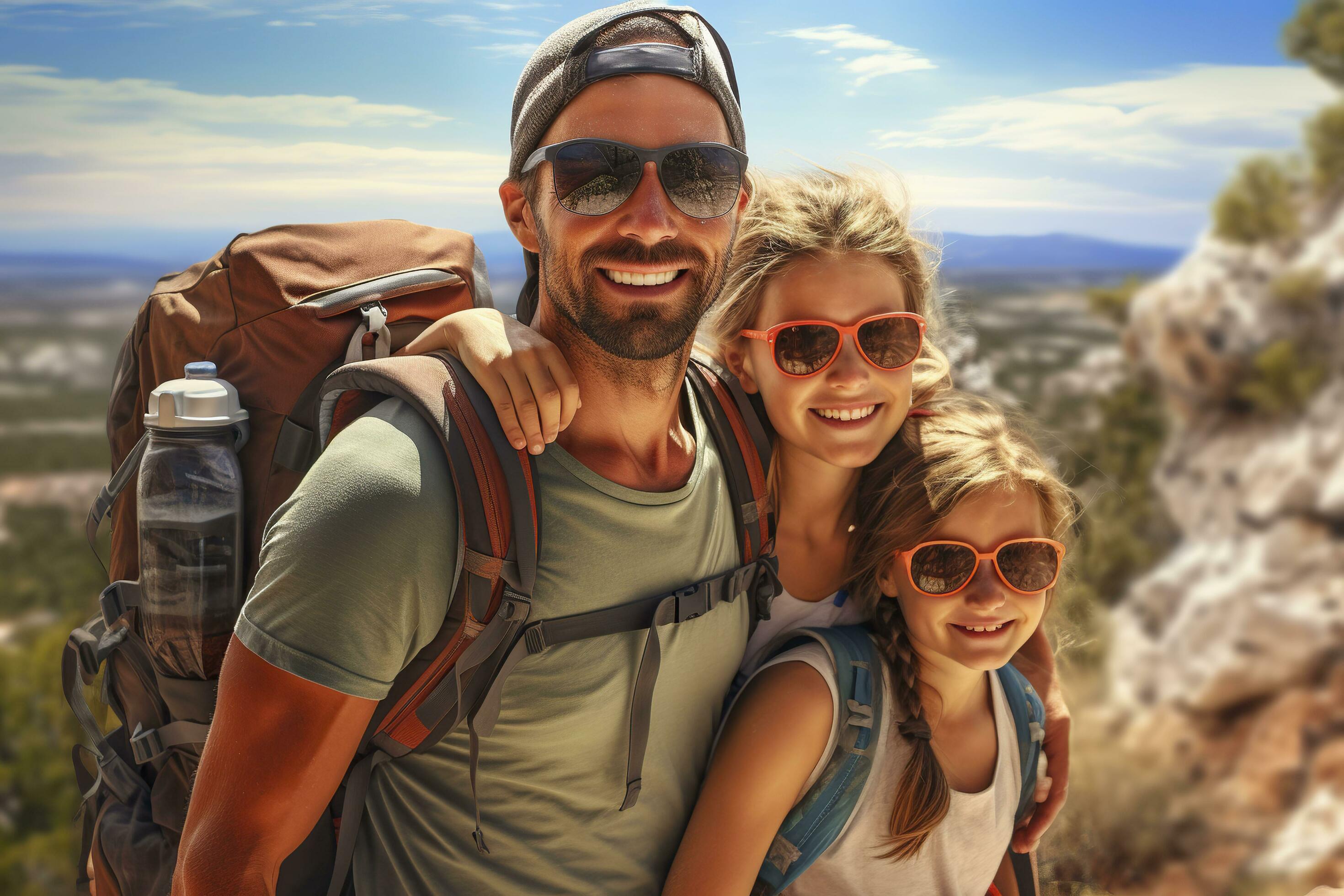 Happy family with backpack hiking in mountains.AI Generated Stock Free