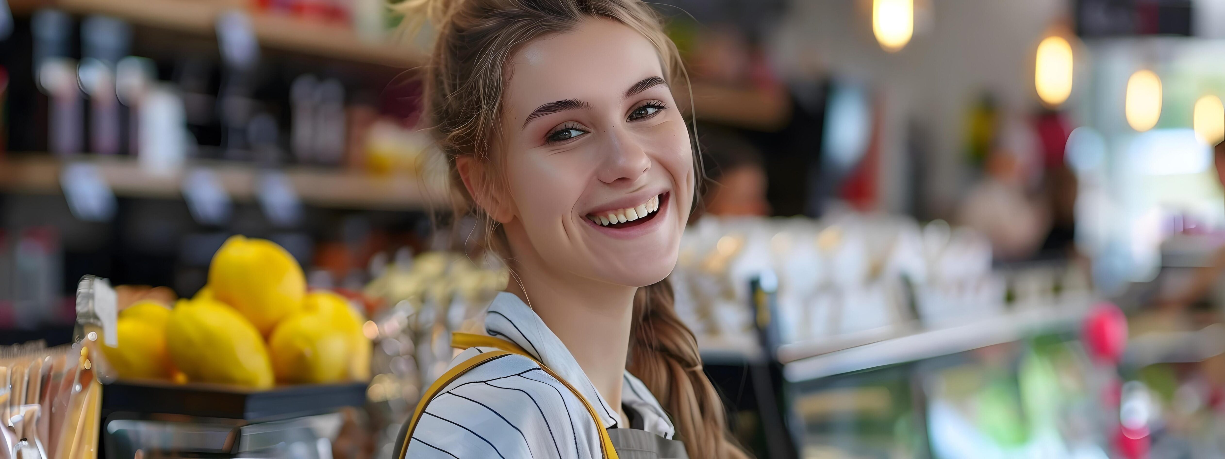 Joyful Female Retail Staff Member Assisting Customer at Grocery Store Checkout Stock Free