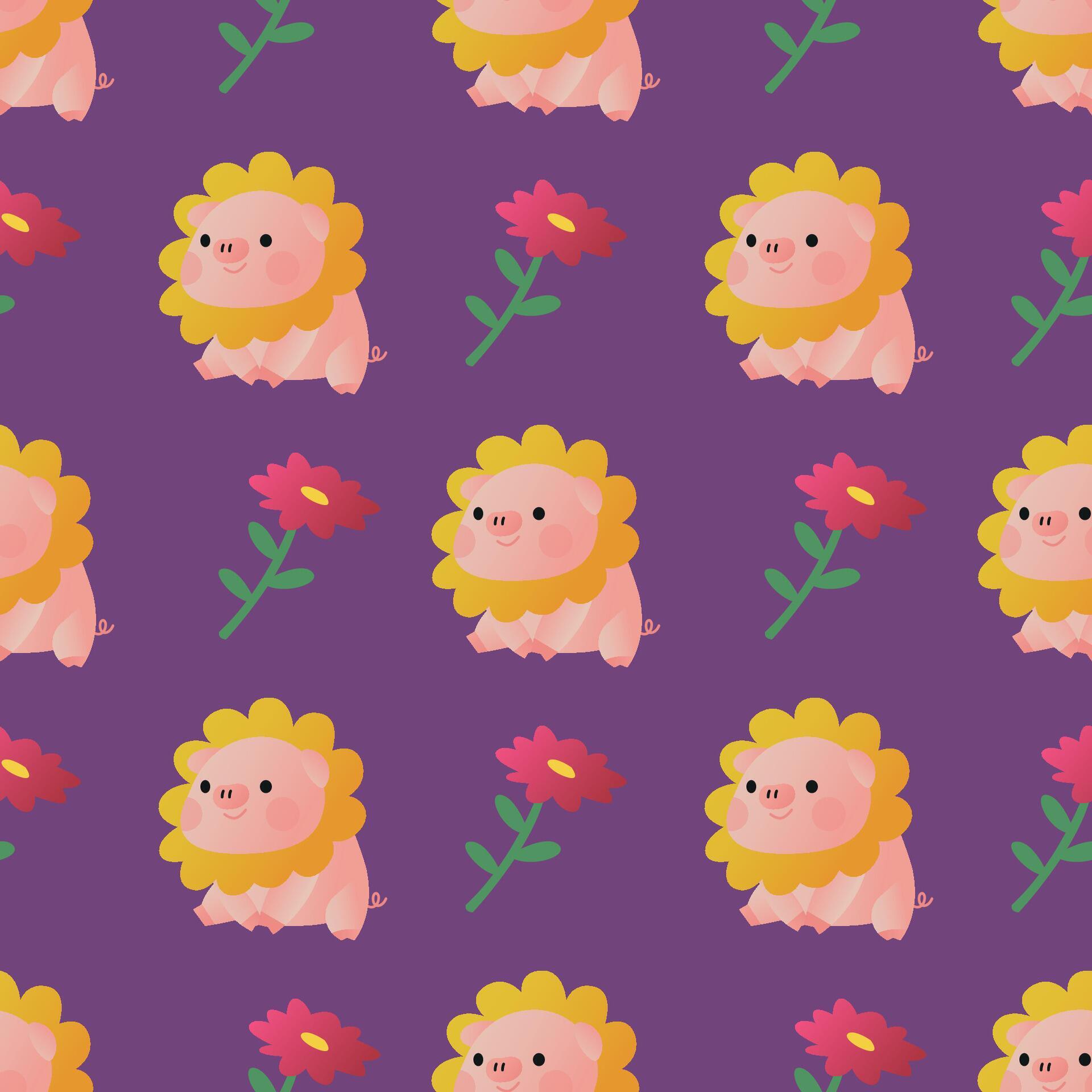 CUTE PIG WITH SUN FLOWER ON HIS HEAD FLAT SEAMLESS PATTERN Stock Free