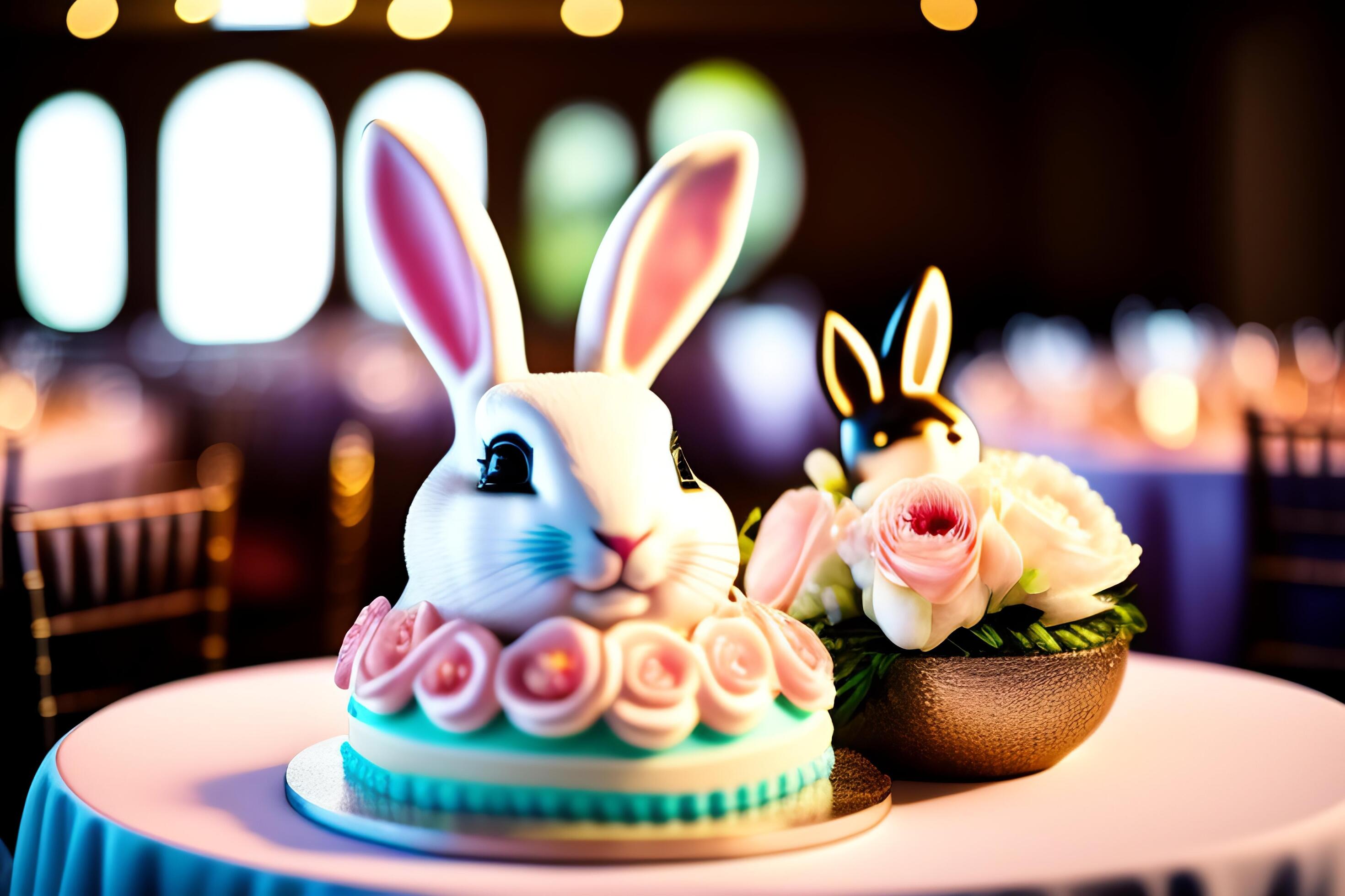 Easter cake with bunnies and flowers on the table. Stock Free