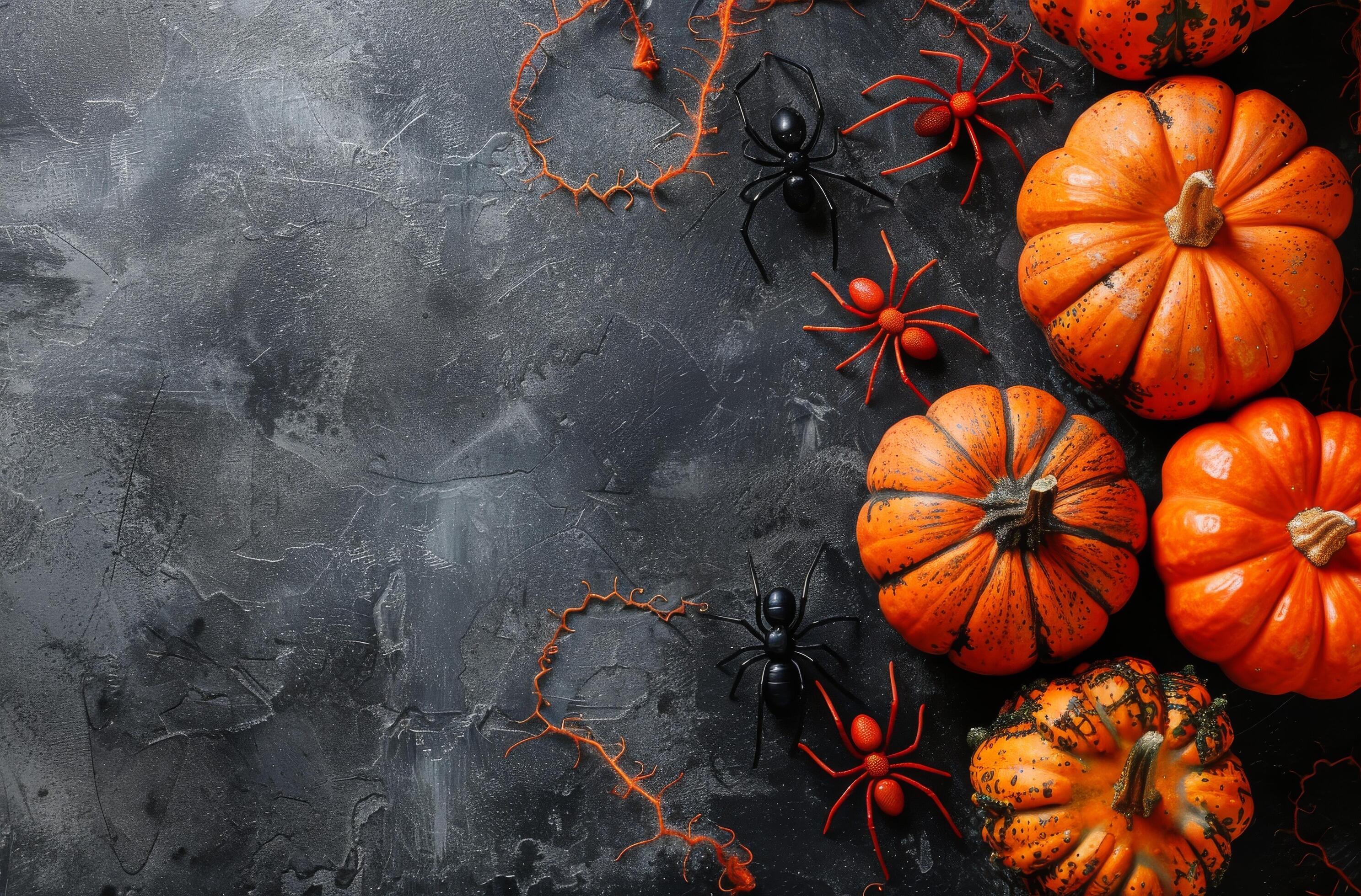 Orange Pumpkins and Black Spiders on Dark Grey Background for Halloween Stock Free