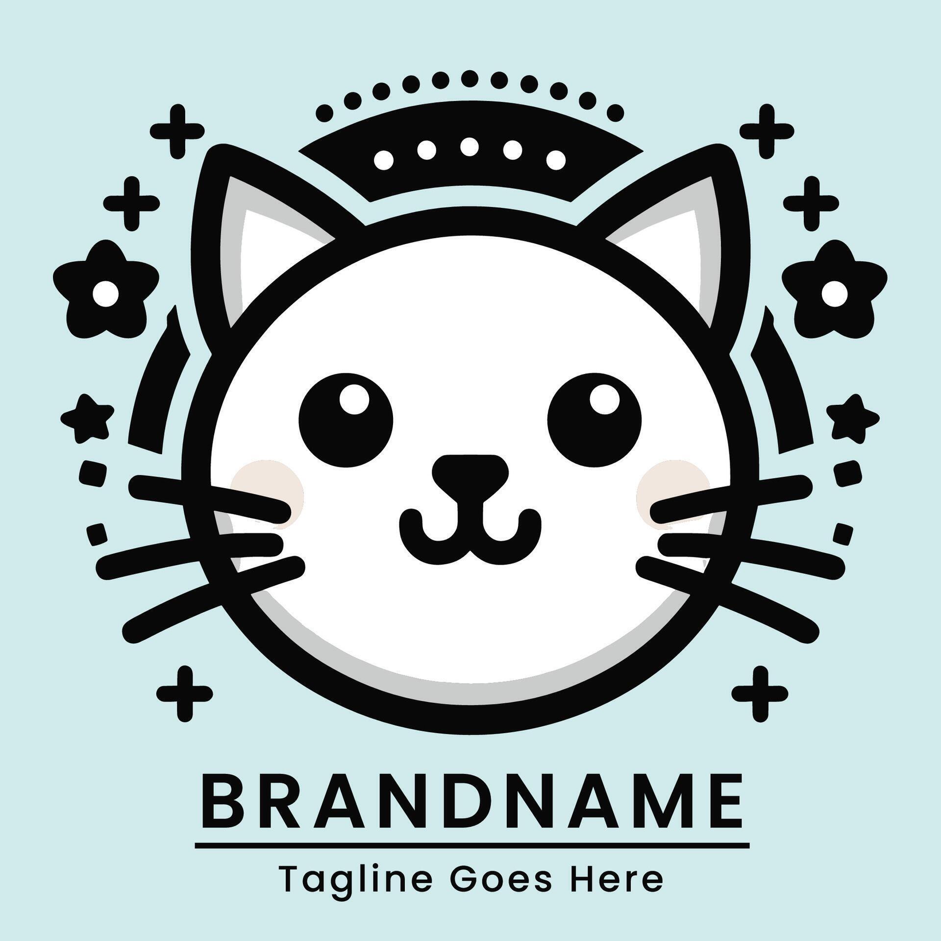 vector logo of a smiling white cat with black and white sakura flowers, embracing a Japanese theme, ideal for joyful branding Stock Free