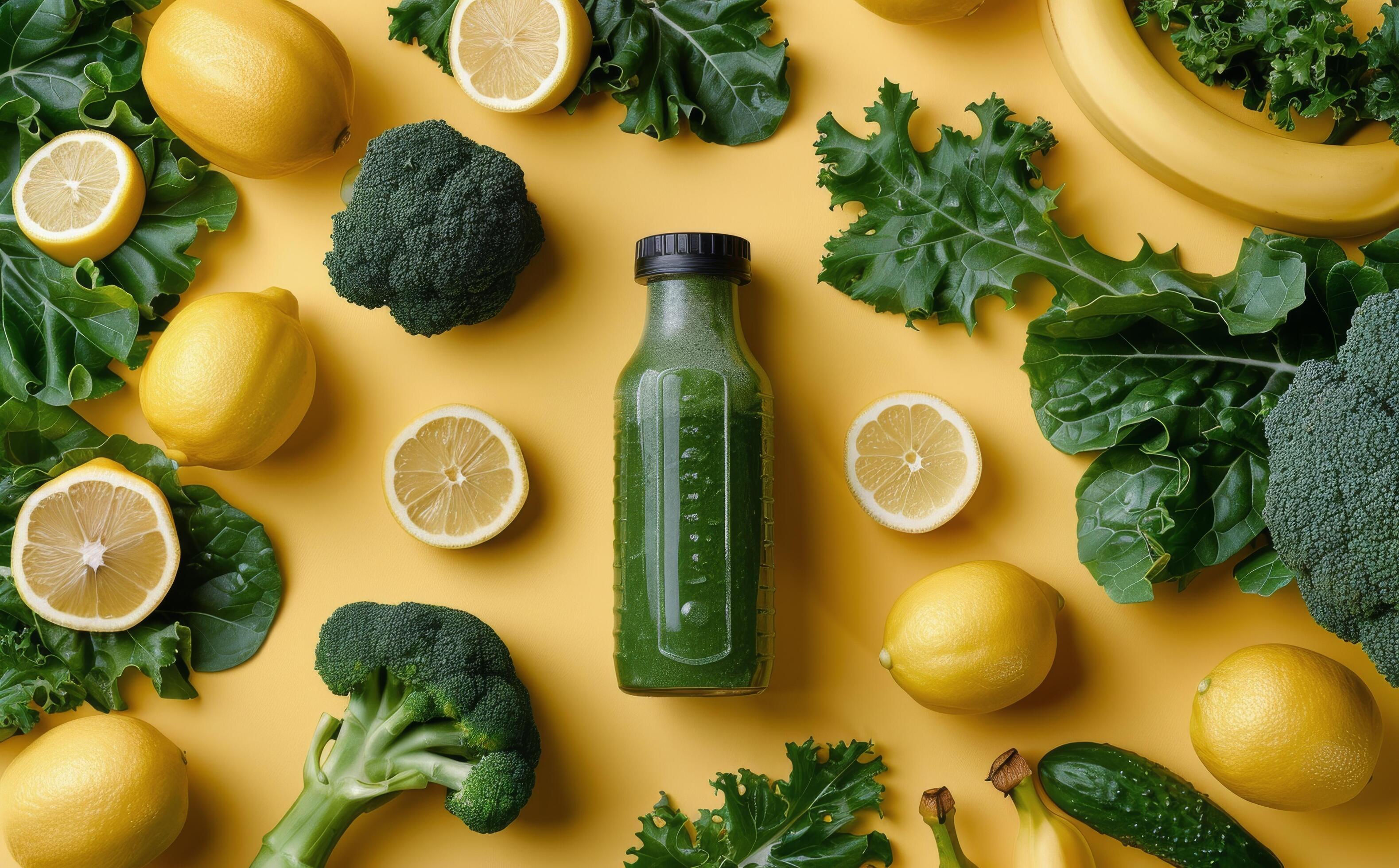 Green Smoothie Bottle Surrounded by Lemons, Spinach, and Mint Leaves on Yellow Background Stock Free