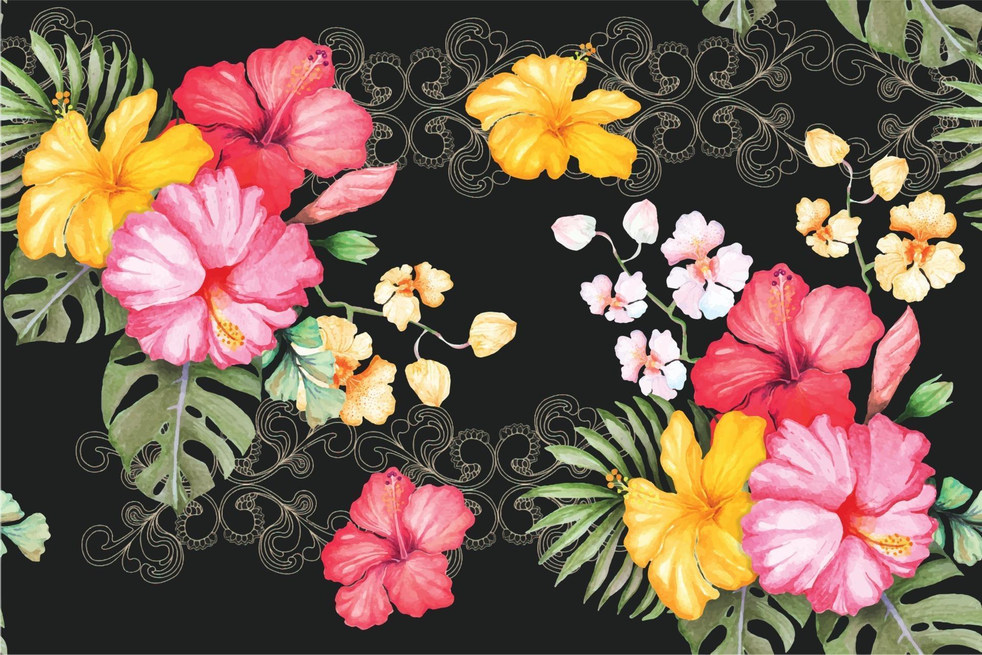 Pattern of hibiscus flowers painted with watercolor Stock Free