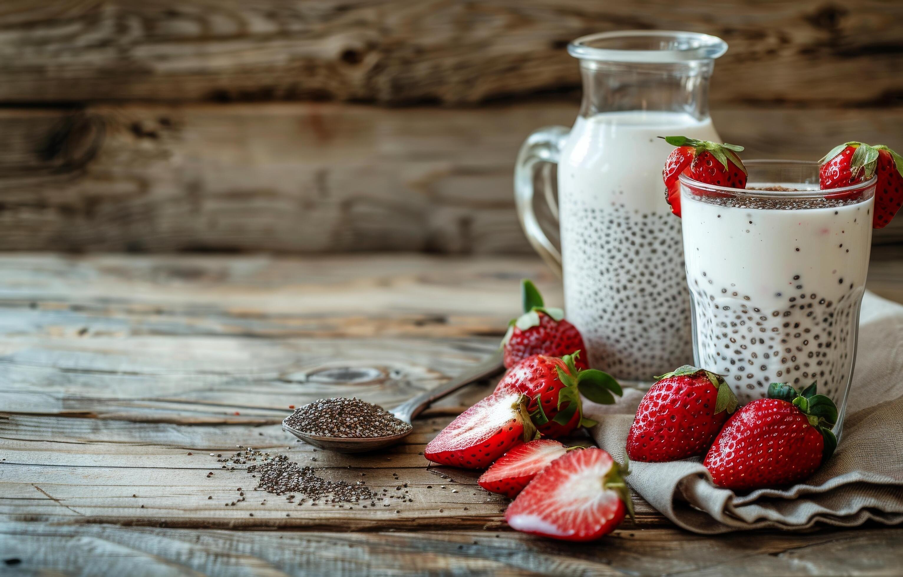 Chia Seed Pudding With Milk and Strawberries on Wooden Cutting Board Stock Free