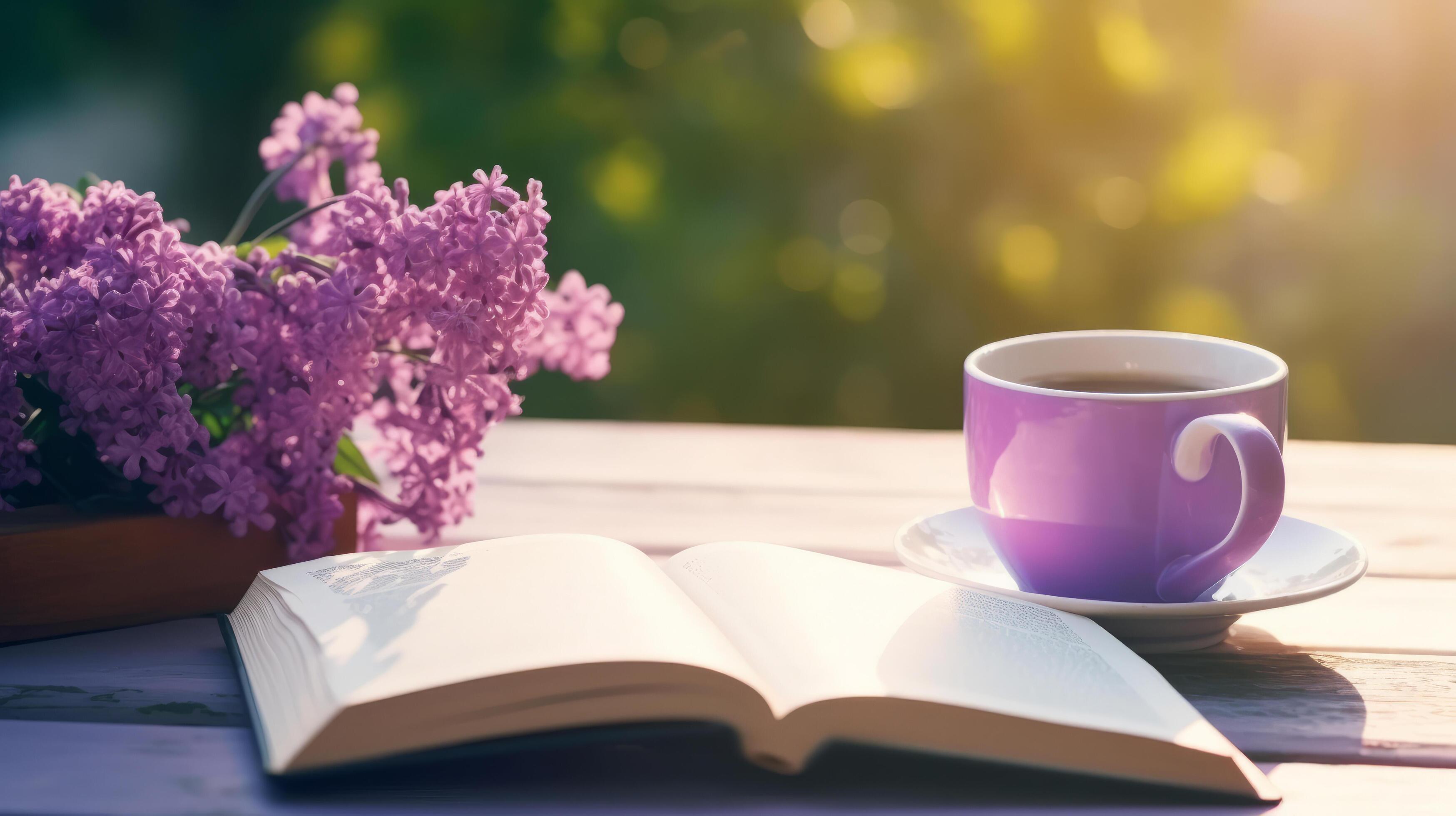 Cup of coffee with book and Lilly flowers. Illustration Stock Free