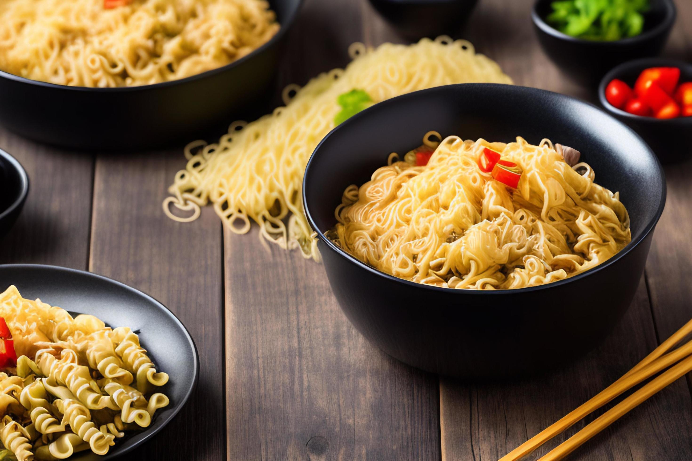 Delicious noodles. Fast food meal with appetizing pasta and chopsticks. Stock Free