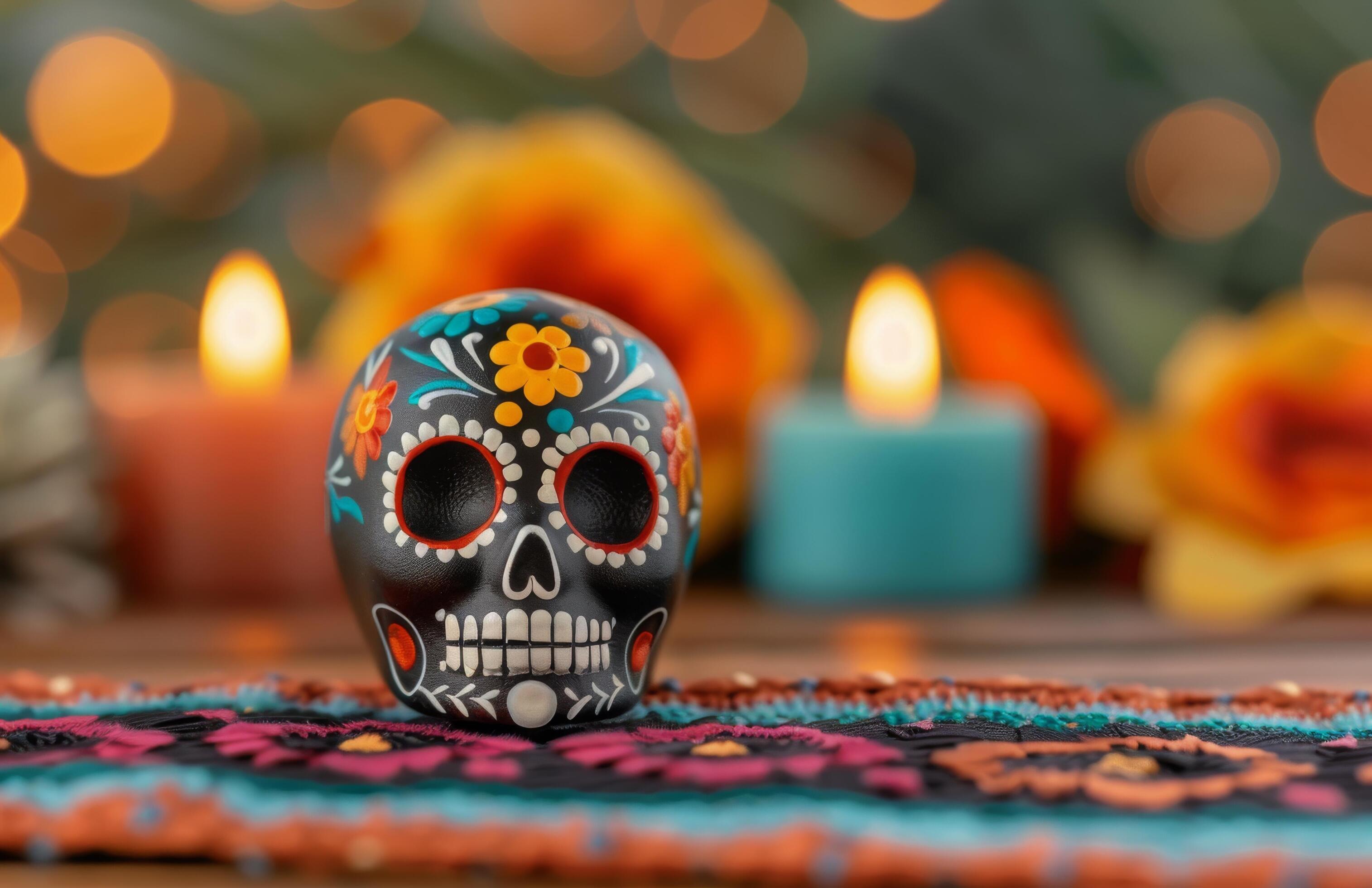 Colorful Sugar Skull With Flowers and Candle on a Decorative Fabric Background Stock Free