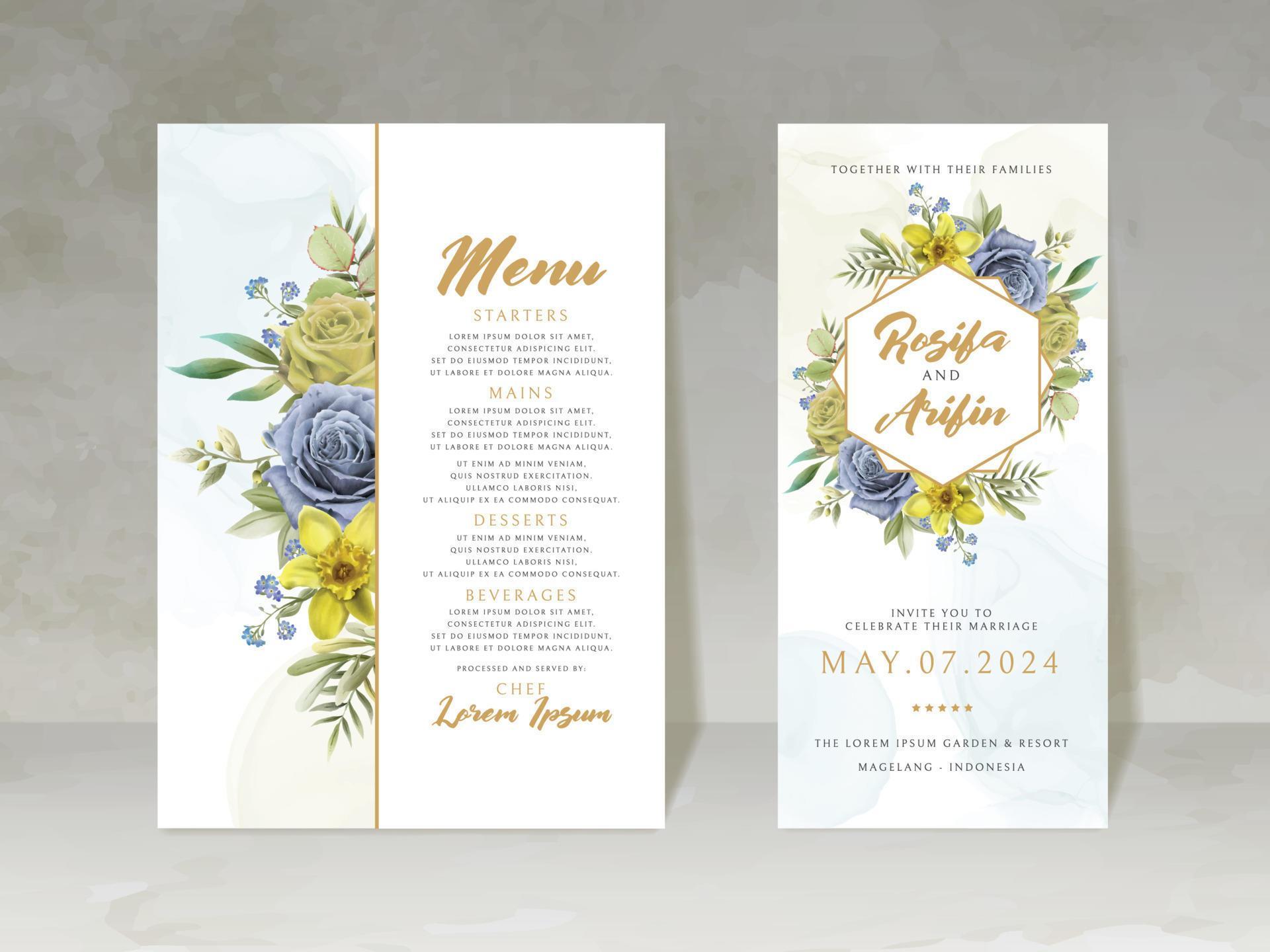 elegant wedding invitation card with blue and yellow flowers Stock Free