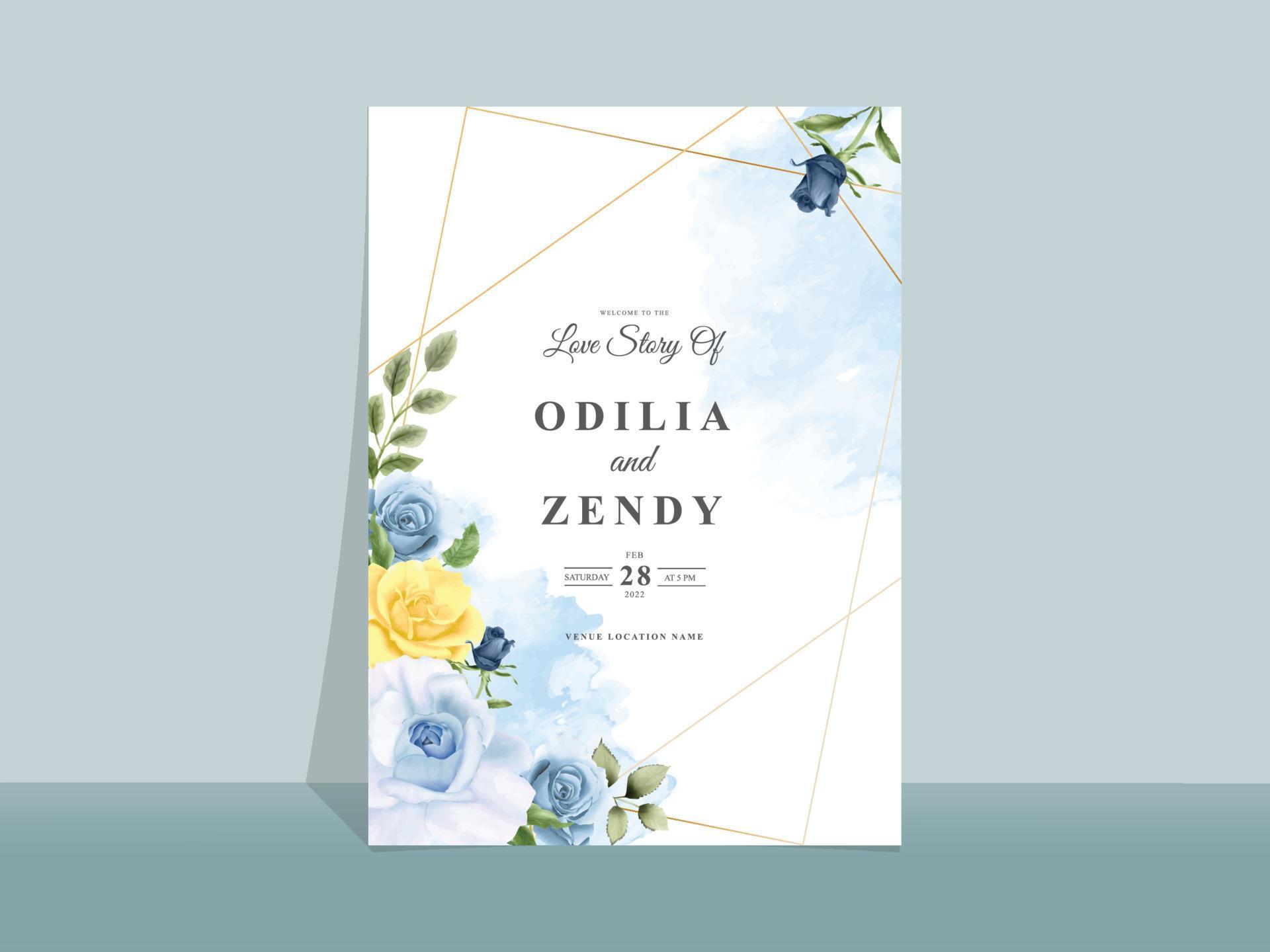 Wedding invitation card with beautiful blue and yellow flowers Stock Free