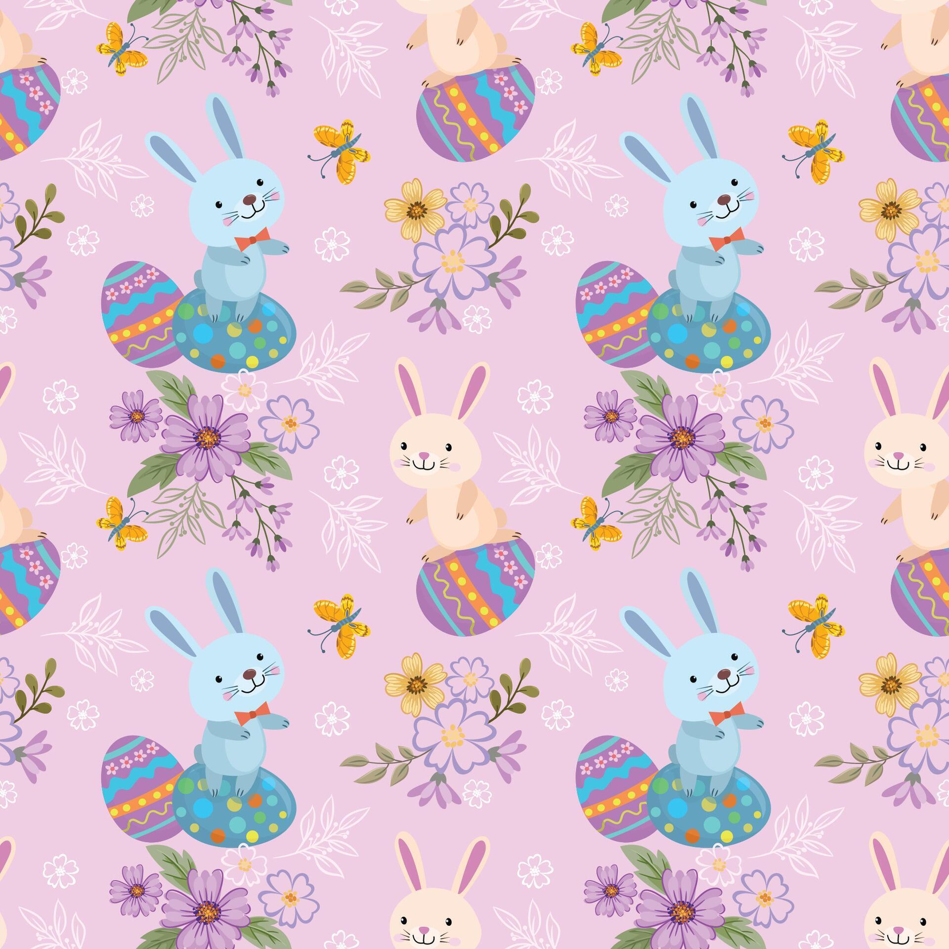 Bunny with Easter egg and flowers seamless pattern Stock Free