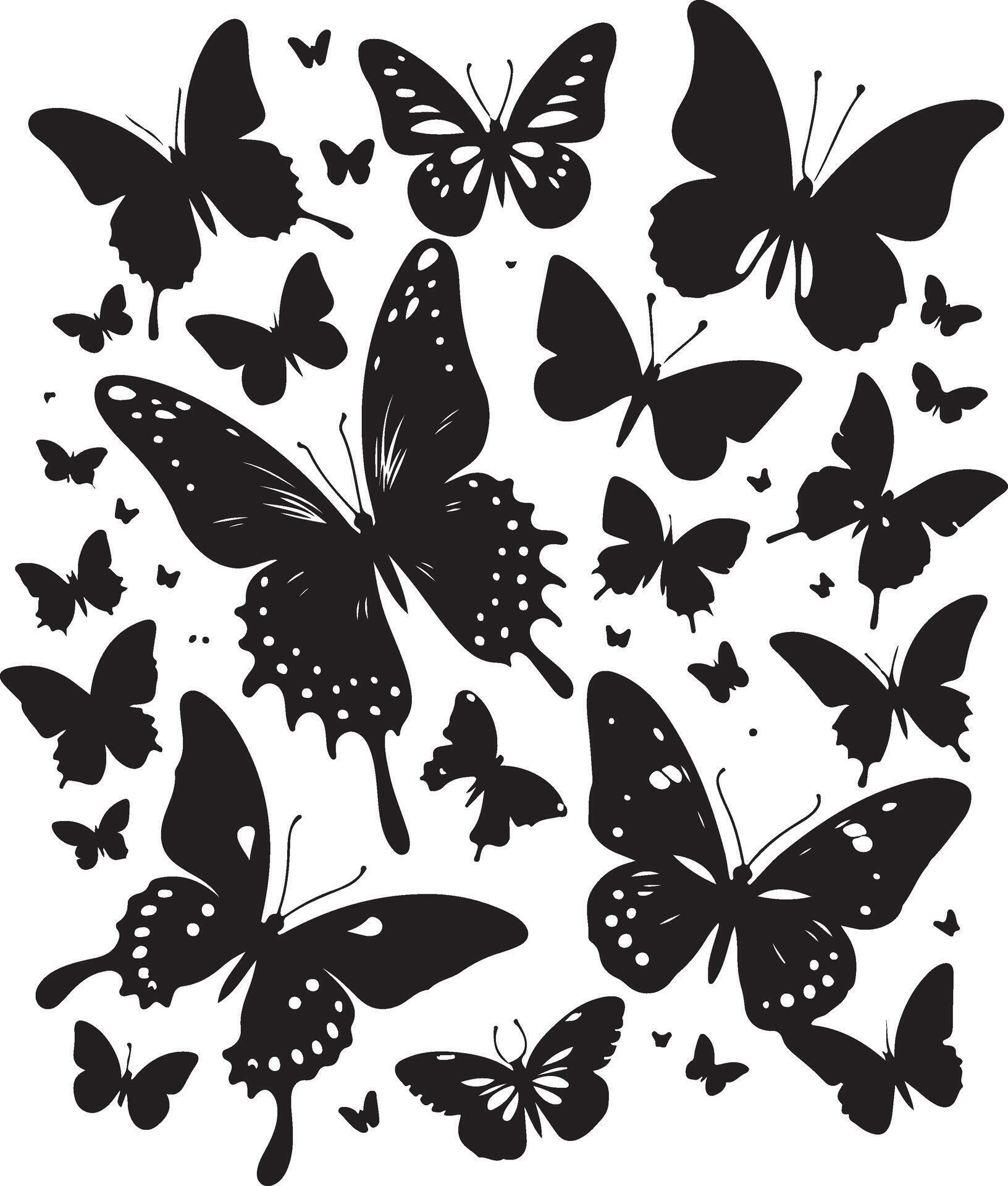 Butterflies and flowers, pattern with butterflies, set of butterflies, Flying butterflies silhouette black set isolated on white background Stock Free