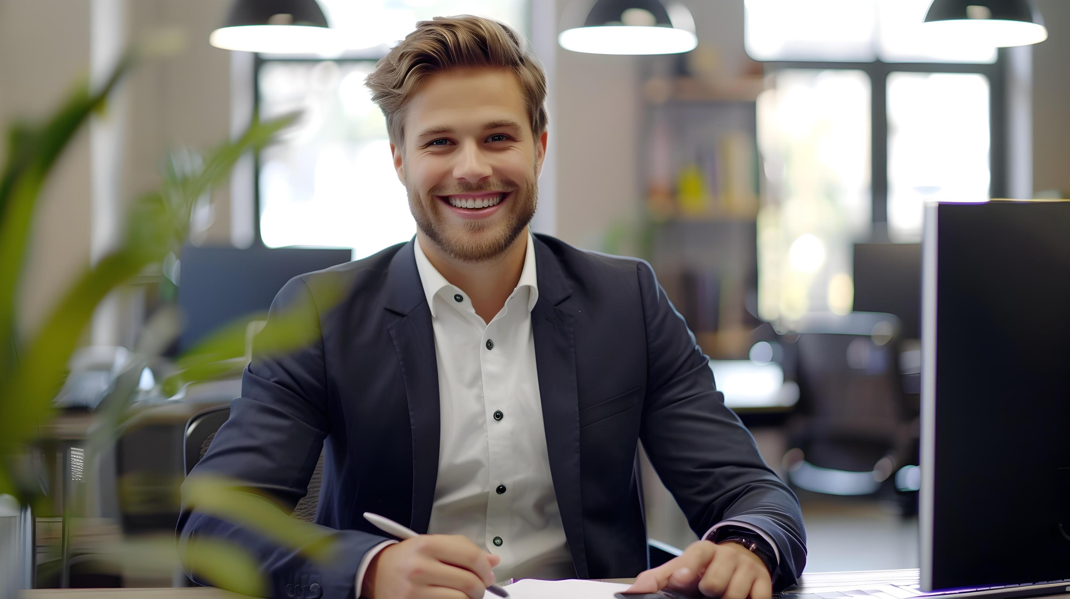 Confident Professional Businessman Smiling at Desk in Office Environment Stock Free