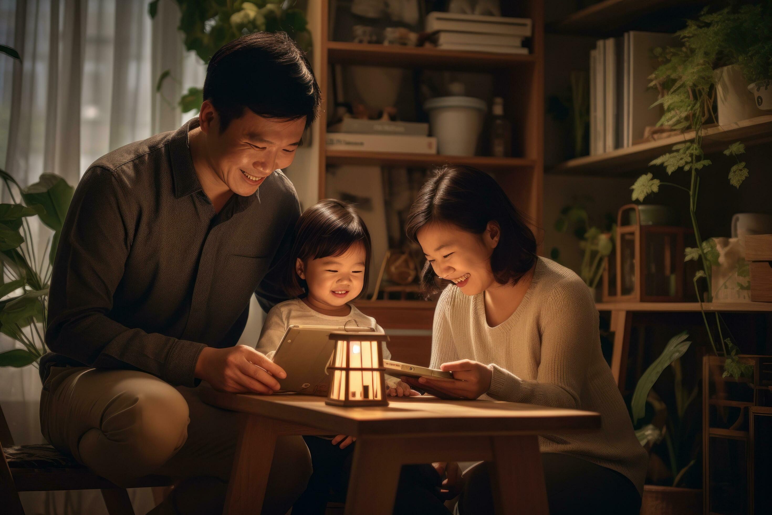 Family is looking at a laptop while sitting on a sofa Stock Free