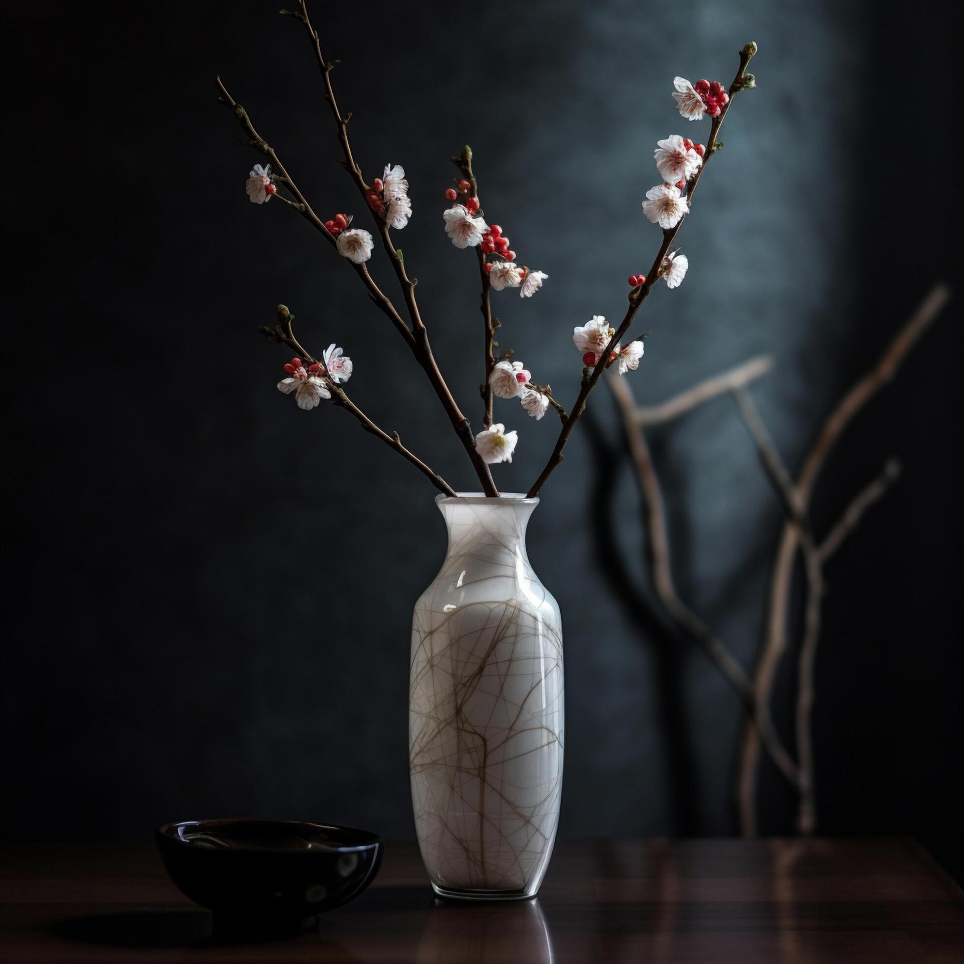 flowering pink cherry branch in vase on white background created using Stock Free