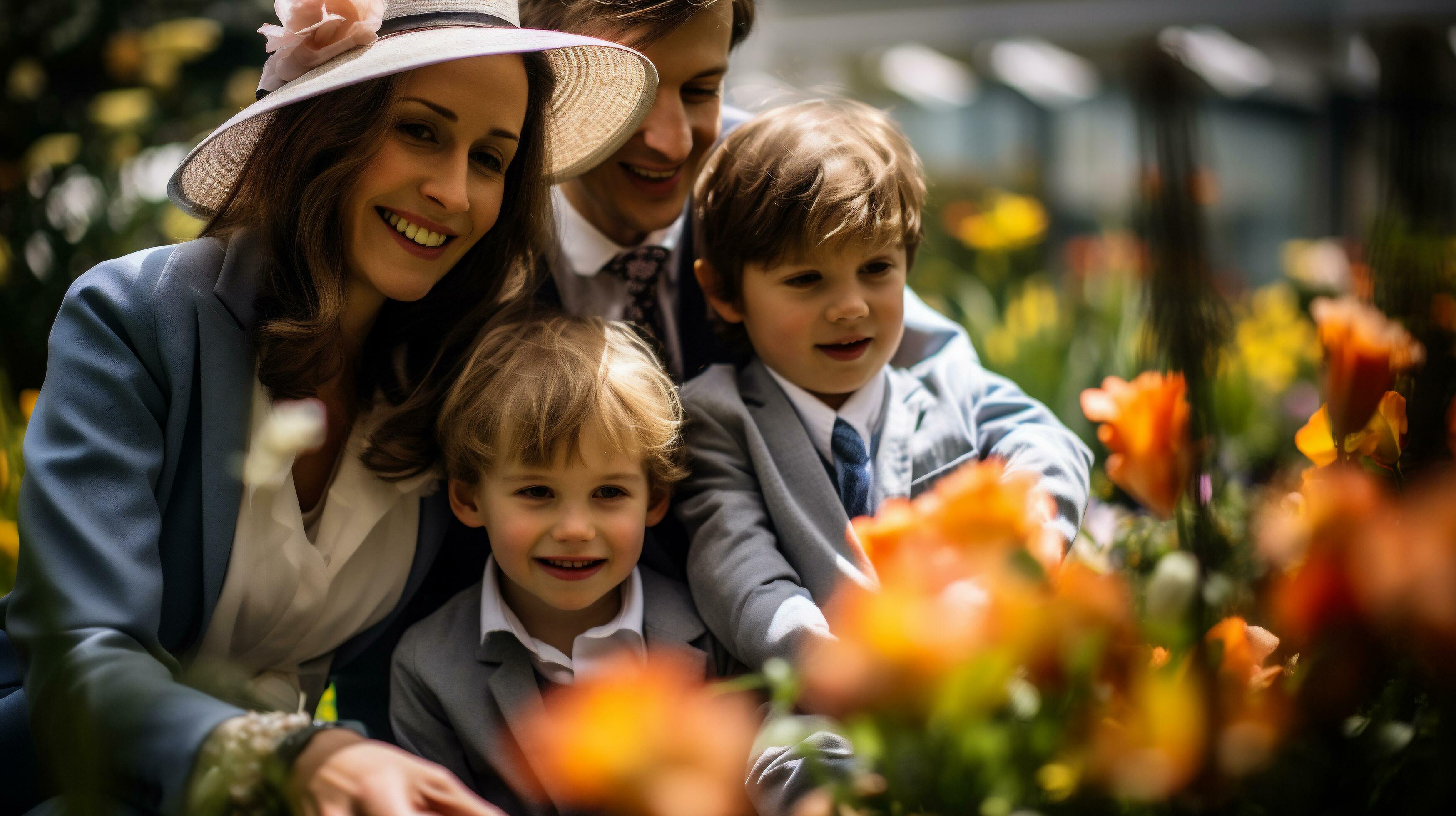 AI generated Happy family with children in a flower garden. Selective focus. Stock Free