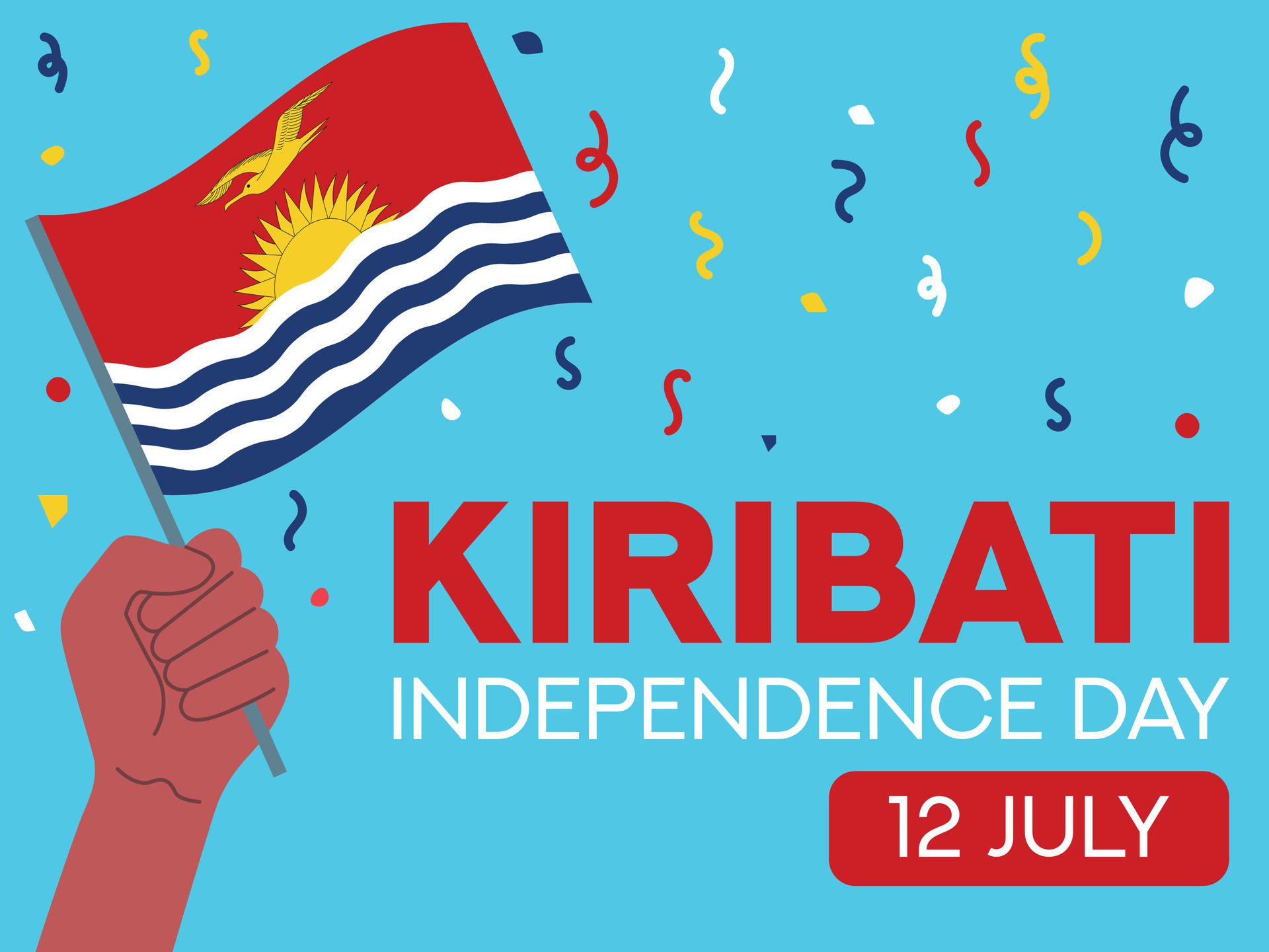 kiribati independence day 12 July. kiribati flag in hand. Greeting card, poster, banner template Free Vector