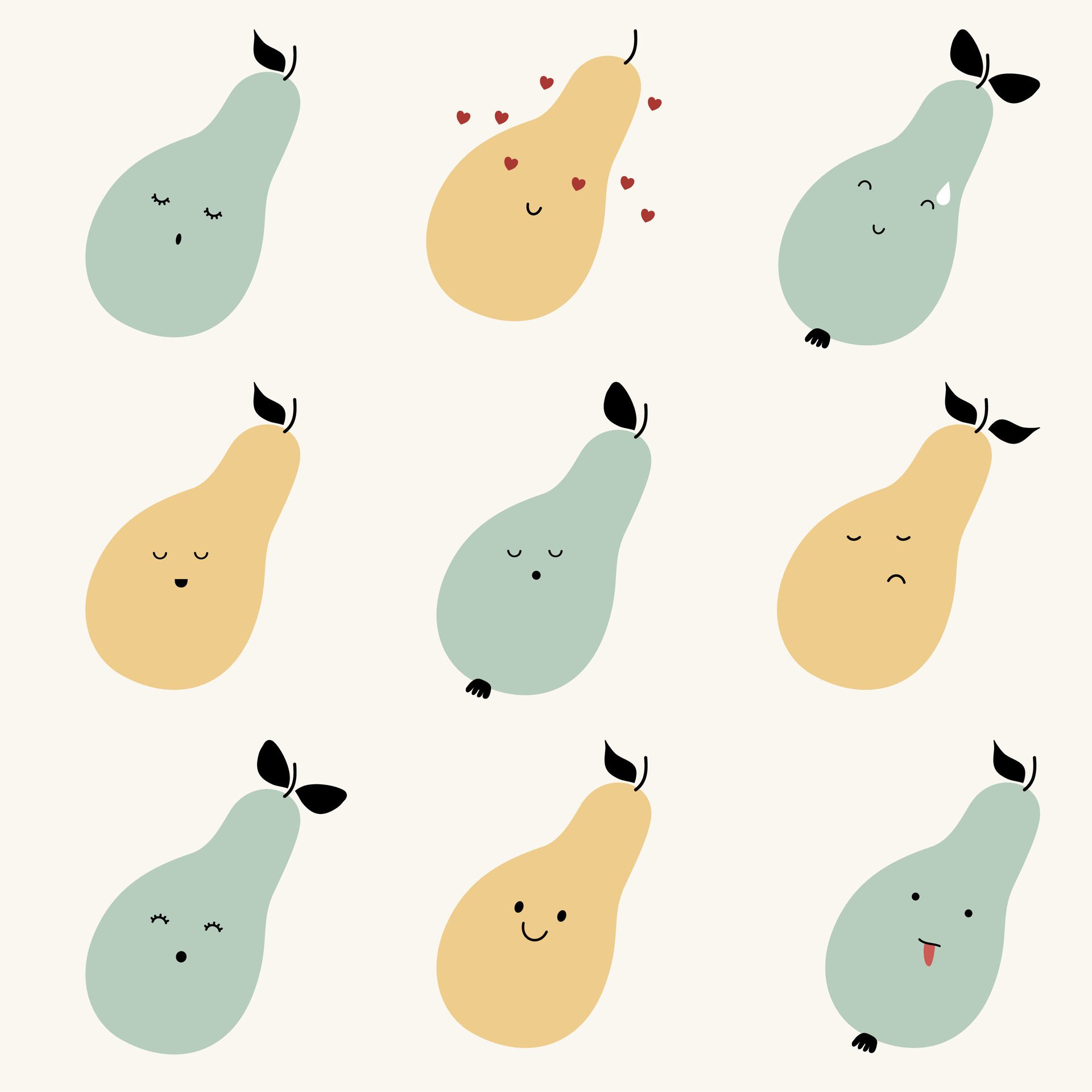 A set of cute hand drawn Pear with face expression character pattern. Cute fruit face expression Character. Pastel background Free Vector