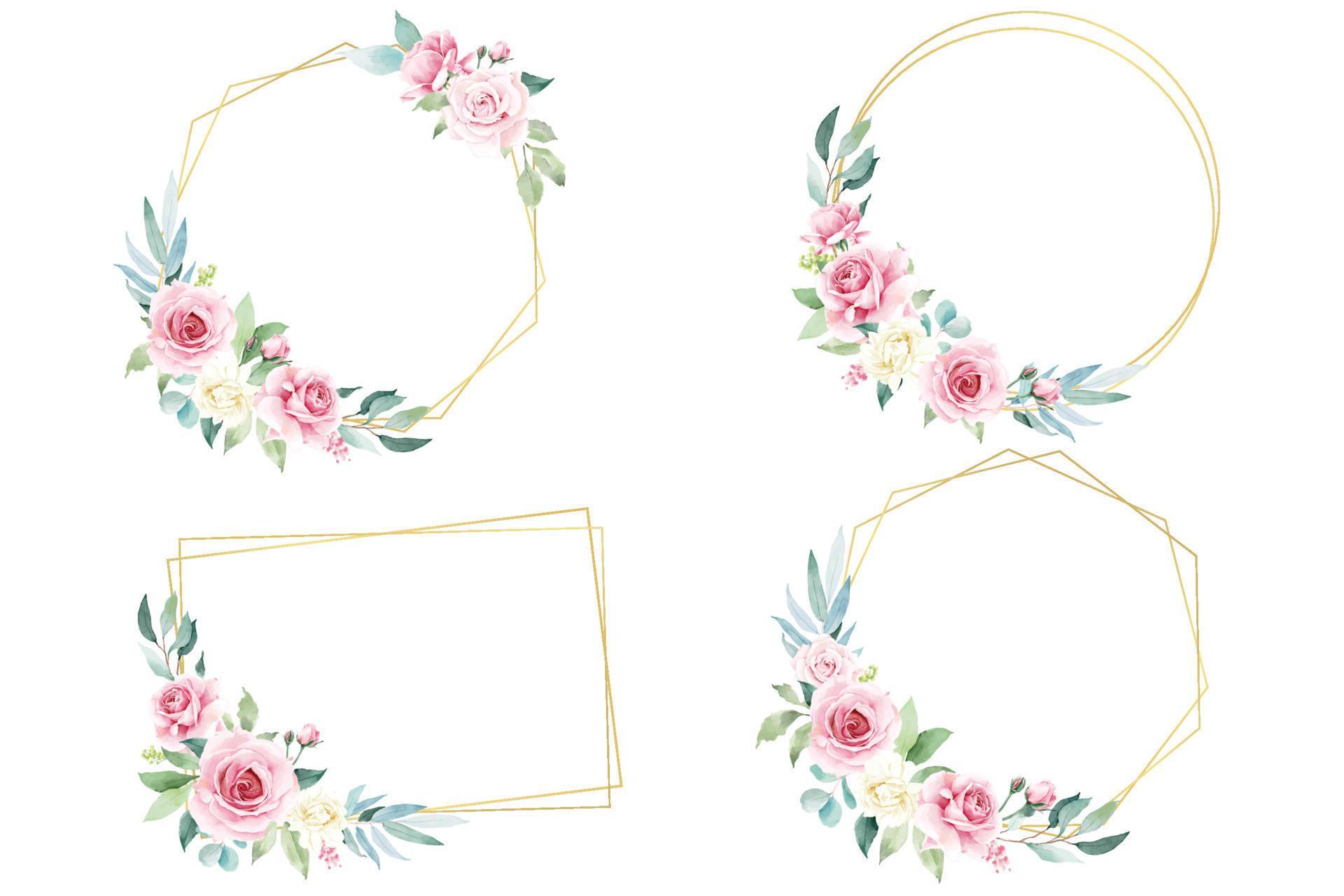 Watercolor rose flower with golden frames Stock Free and Free SVG