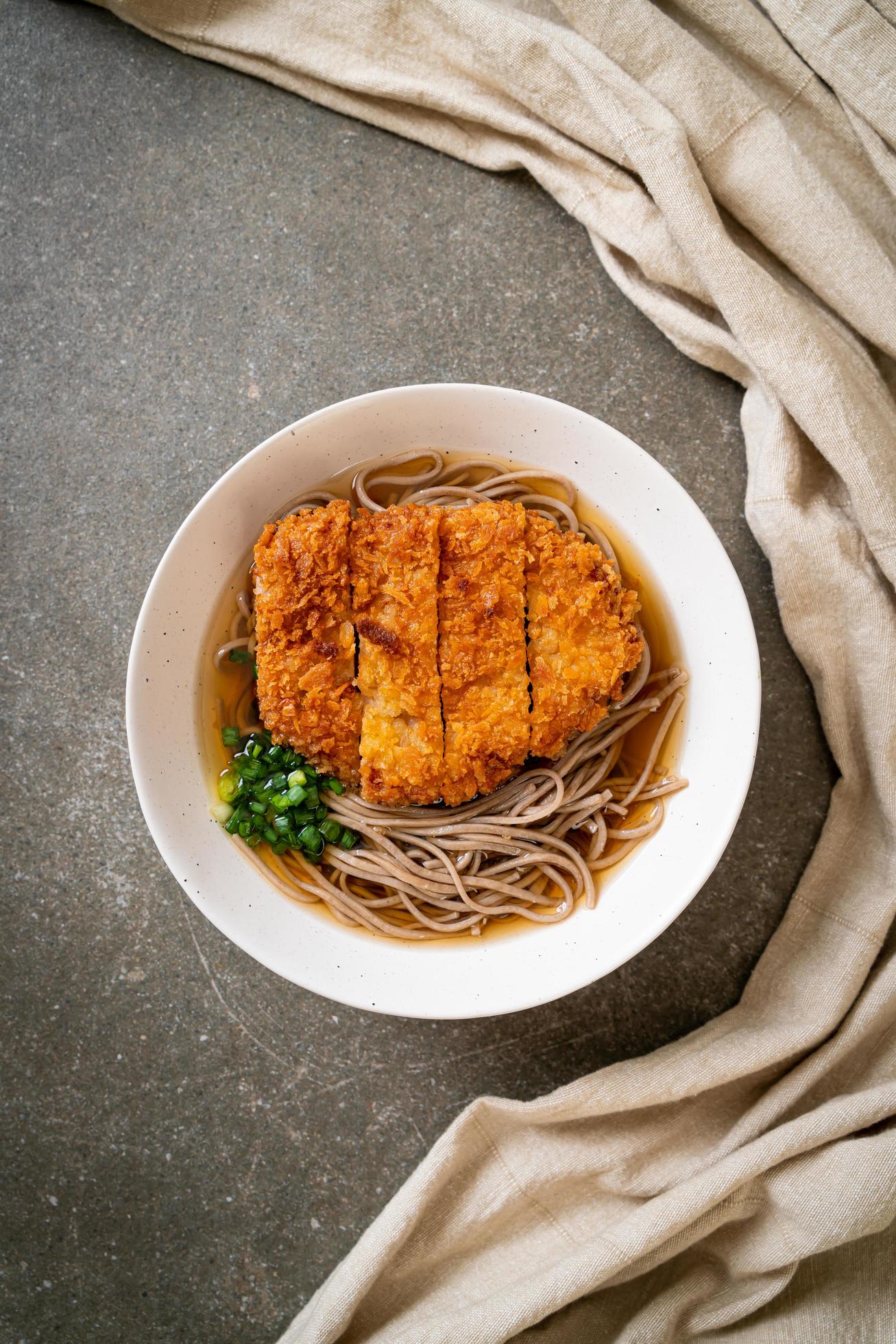 Soba ramen noodle with Japanese fried pork cutlet, or tonkatsu – Asian food style Stock Free