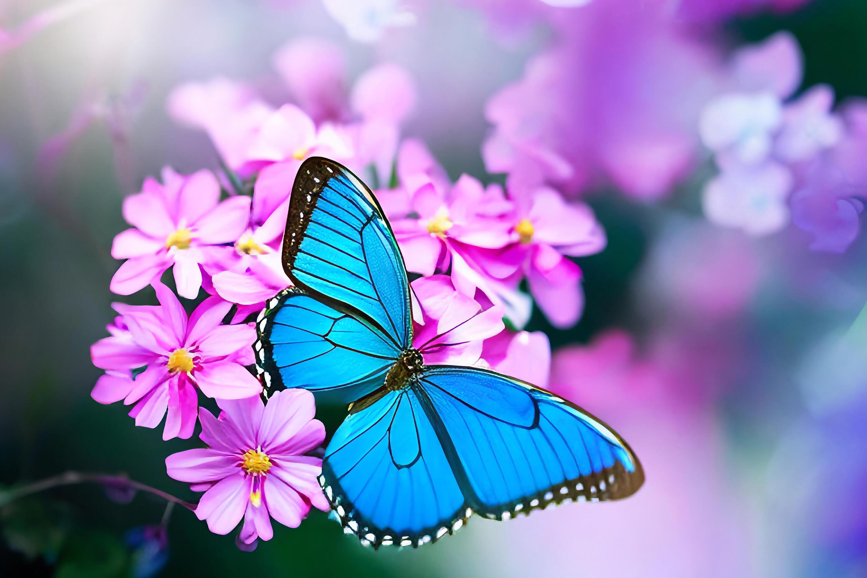 The butterfly is collecting nectar from the violet flowers with . Stock Free