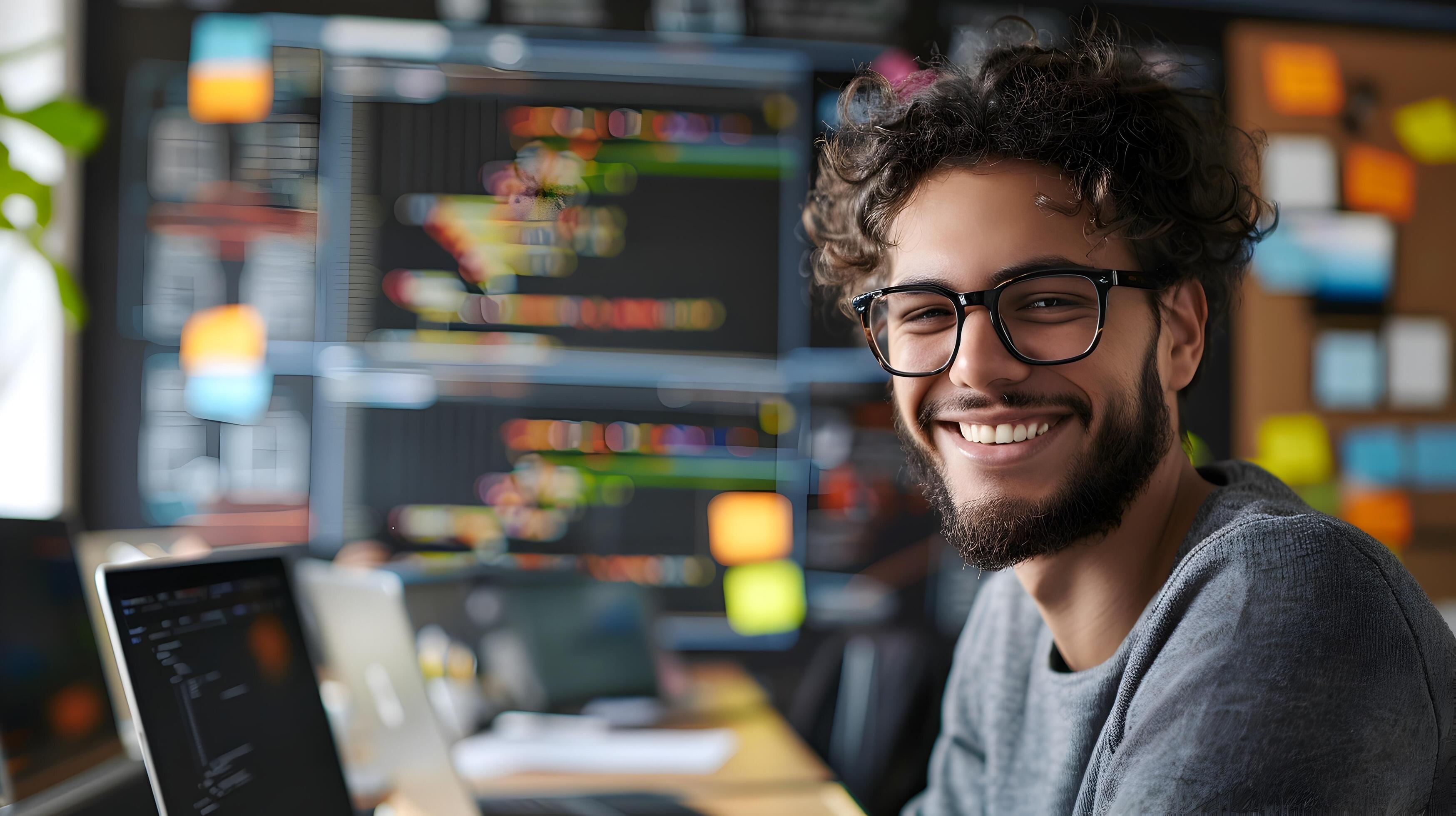 Happy Young Software Engineer Smiling and Working on Computer in Modern Office Stock Free