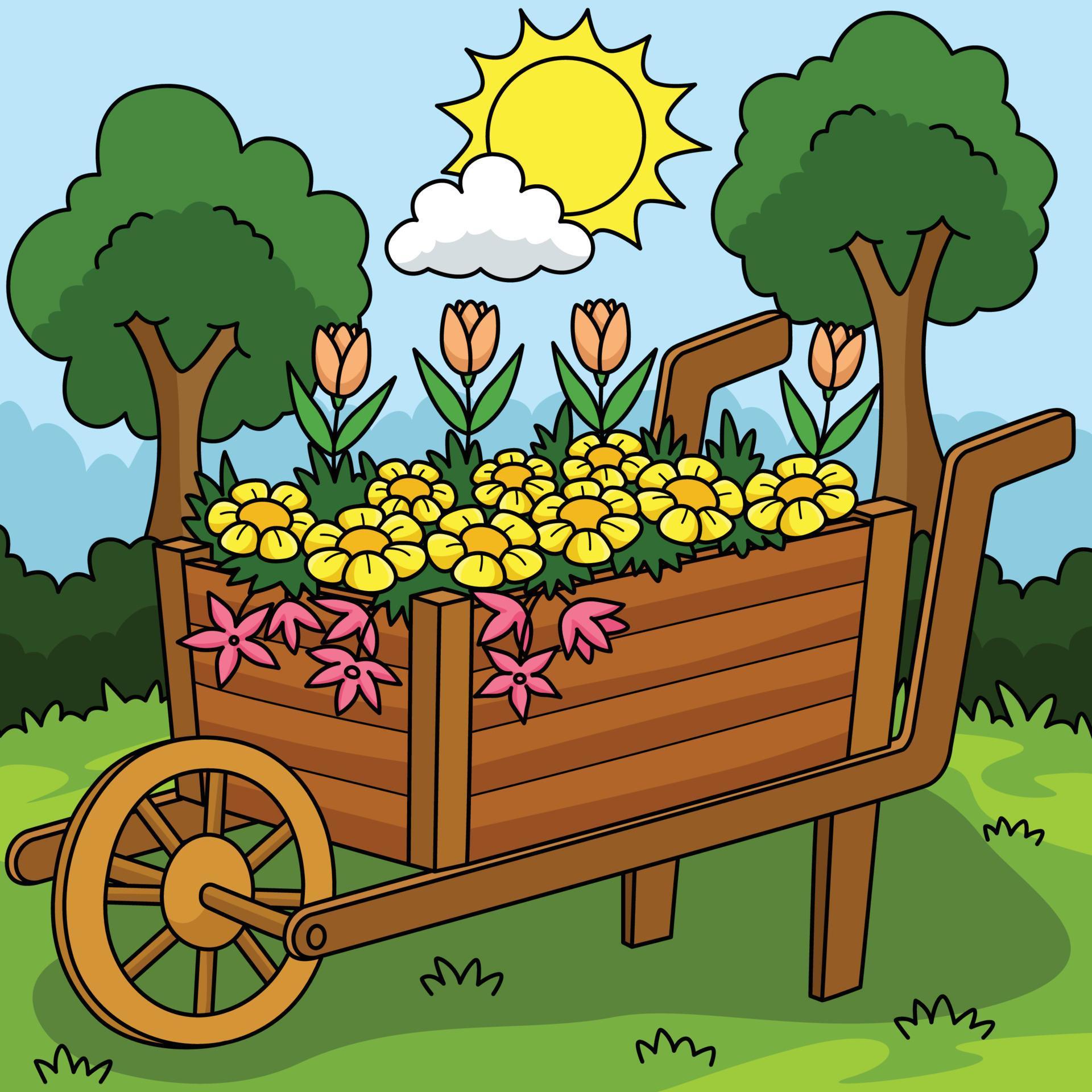 Wheelbarrow with Flowers Colored Cartoon Stock Free