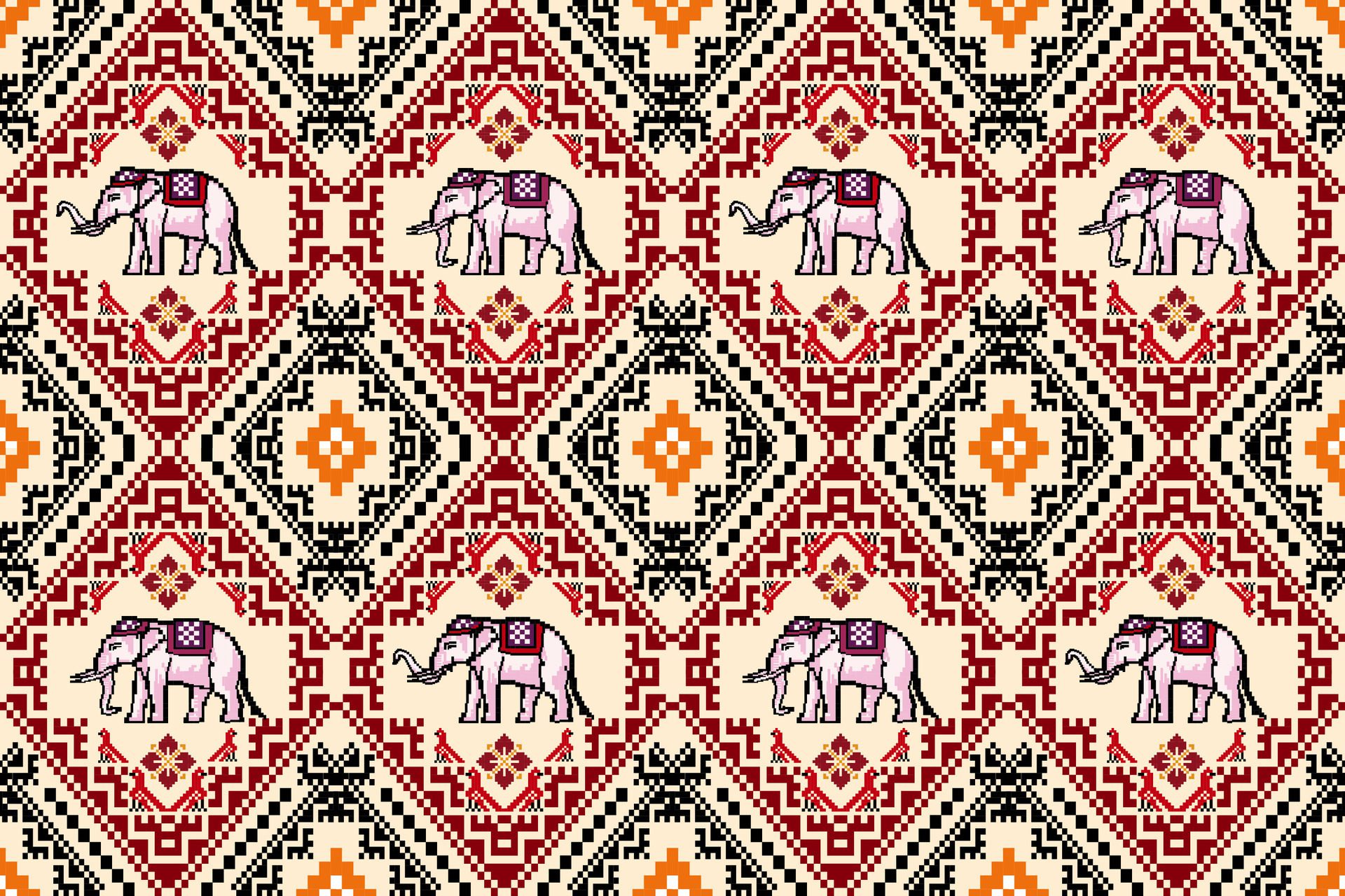 Traditional Thai Elephant Pixel Art Colorful Seamless Pattern. Vector design for fabric, tile, embroidery, wallpaper, and background Free Vector