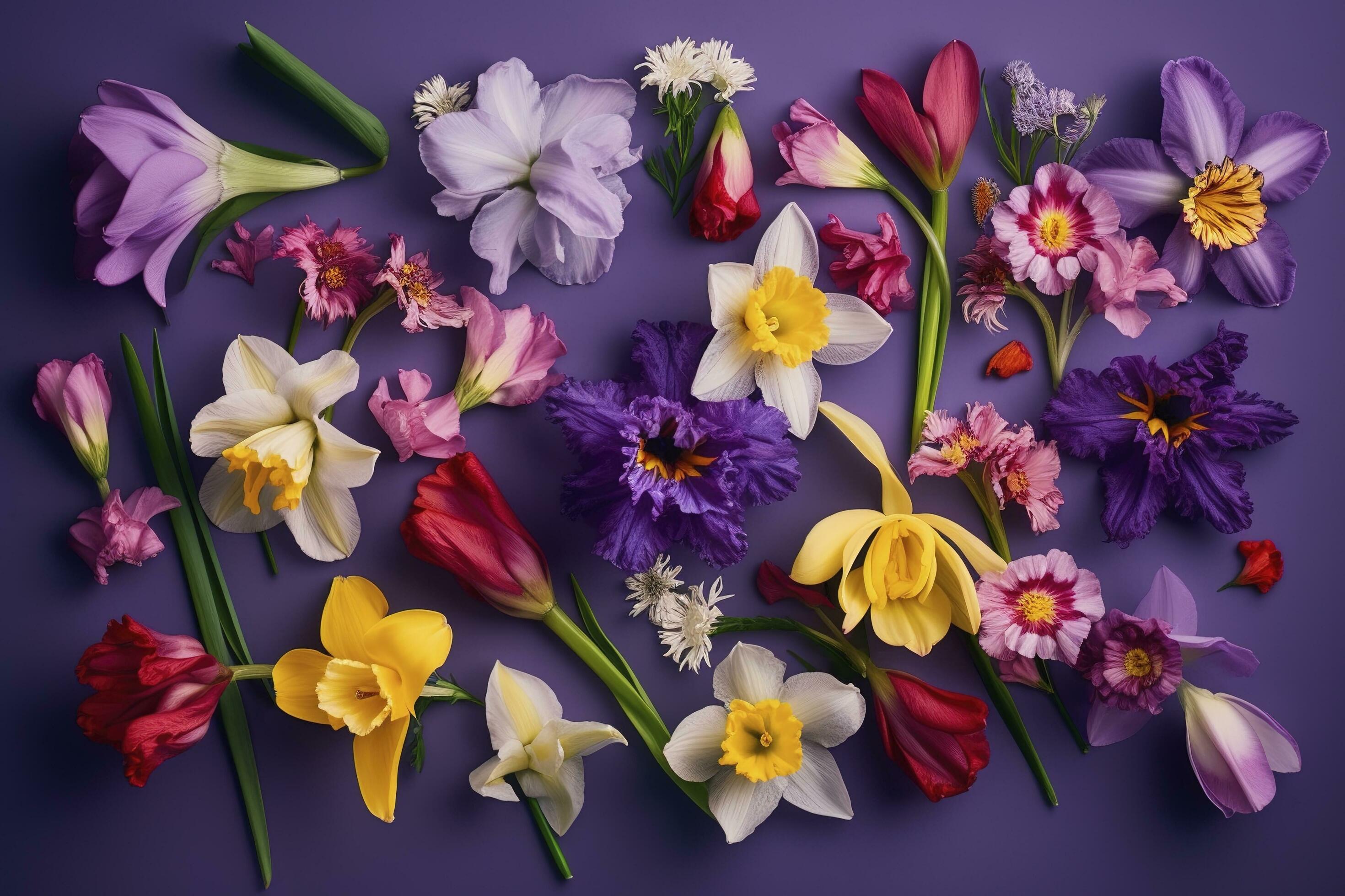 multicolored spring flowers on purple background , generate ai Stock Free