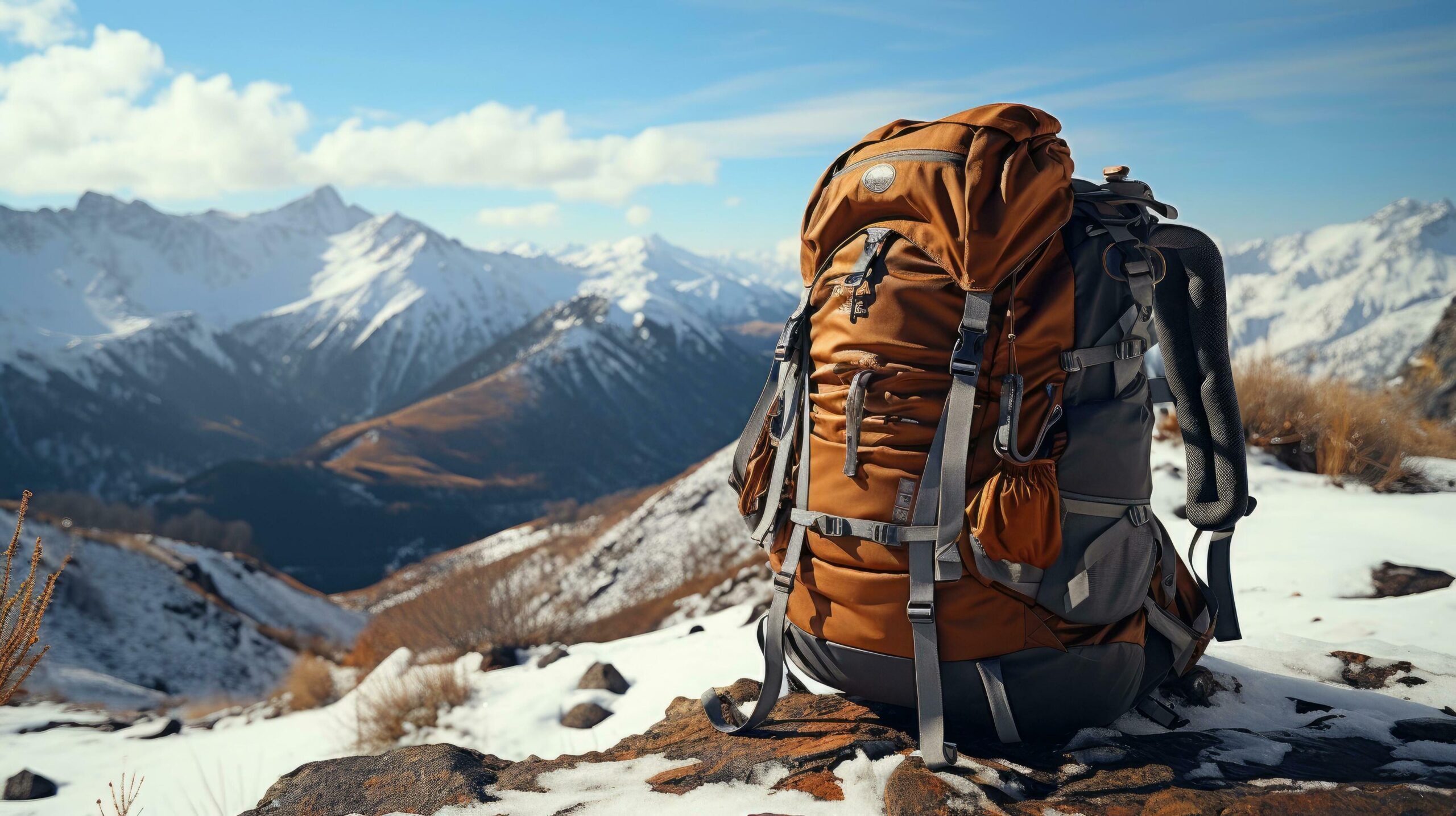 Tourist backpack equipment for climbing tourism and hiking on the top of a snow-capped mountain Free Photo