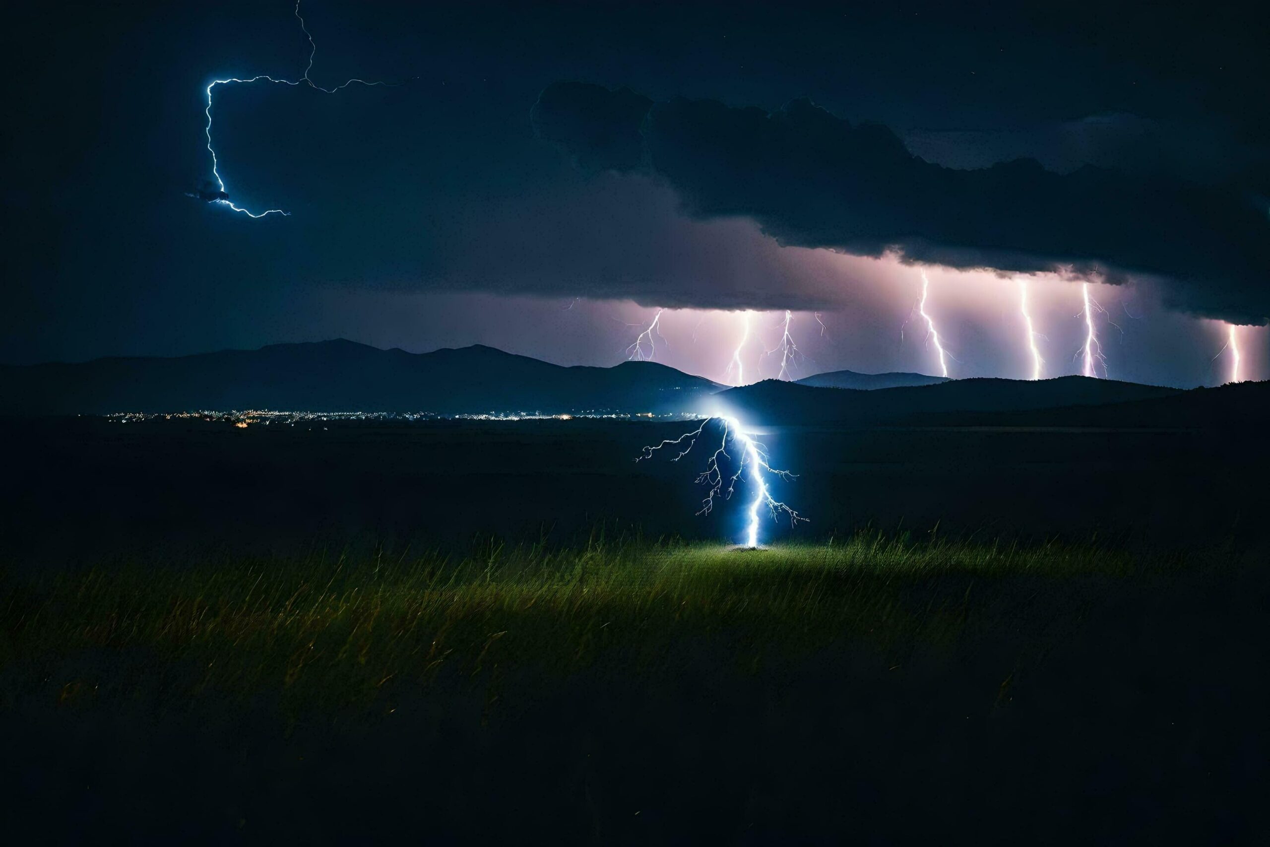 lightning strikes over a field with mountains in the background Free Photo