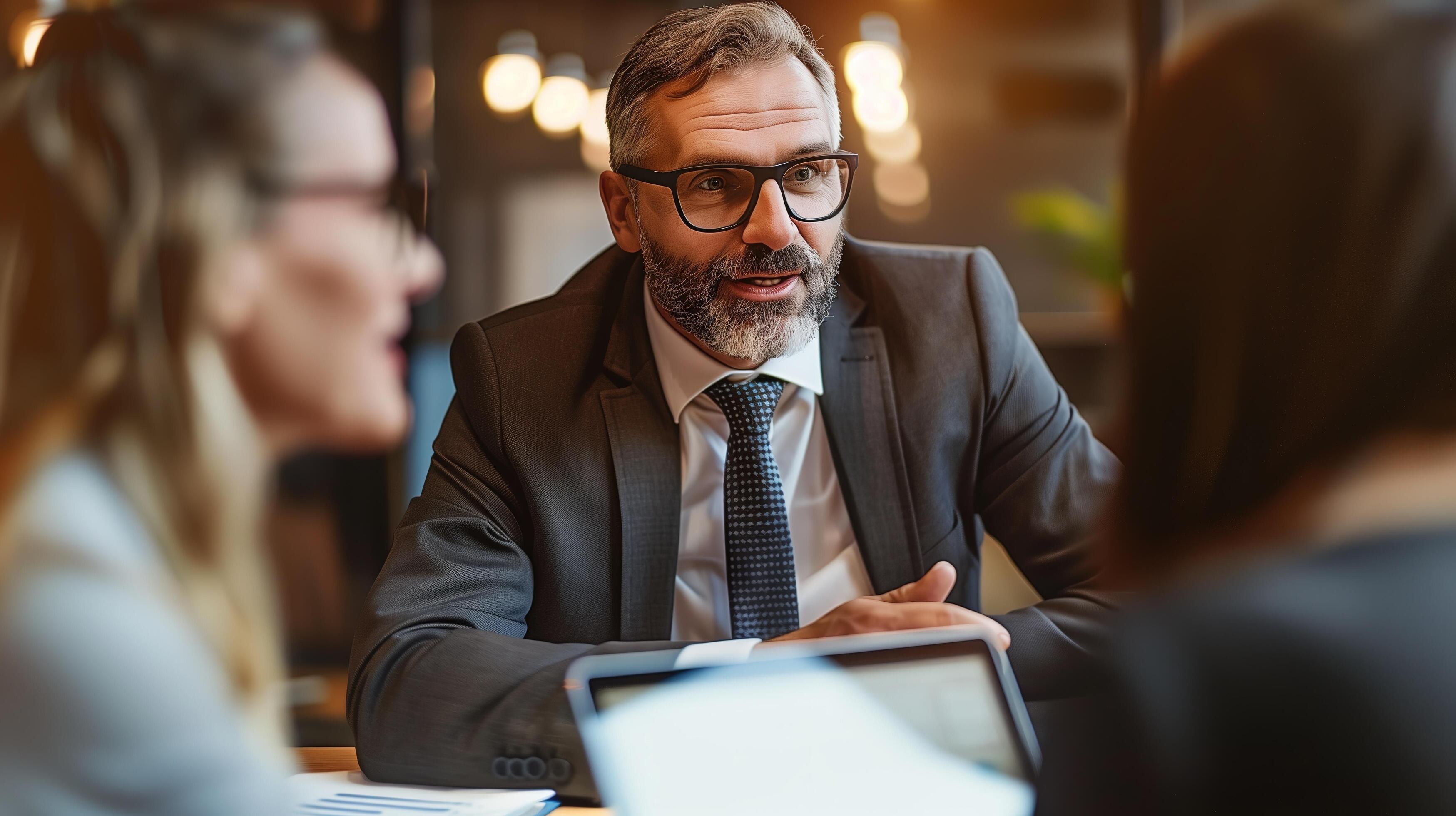 A confident financial advisor explaining investment options to attentive clients in a sleek, professional office environment Stock Free