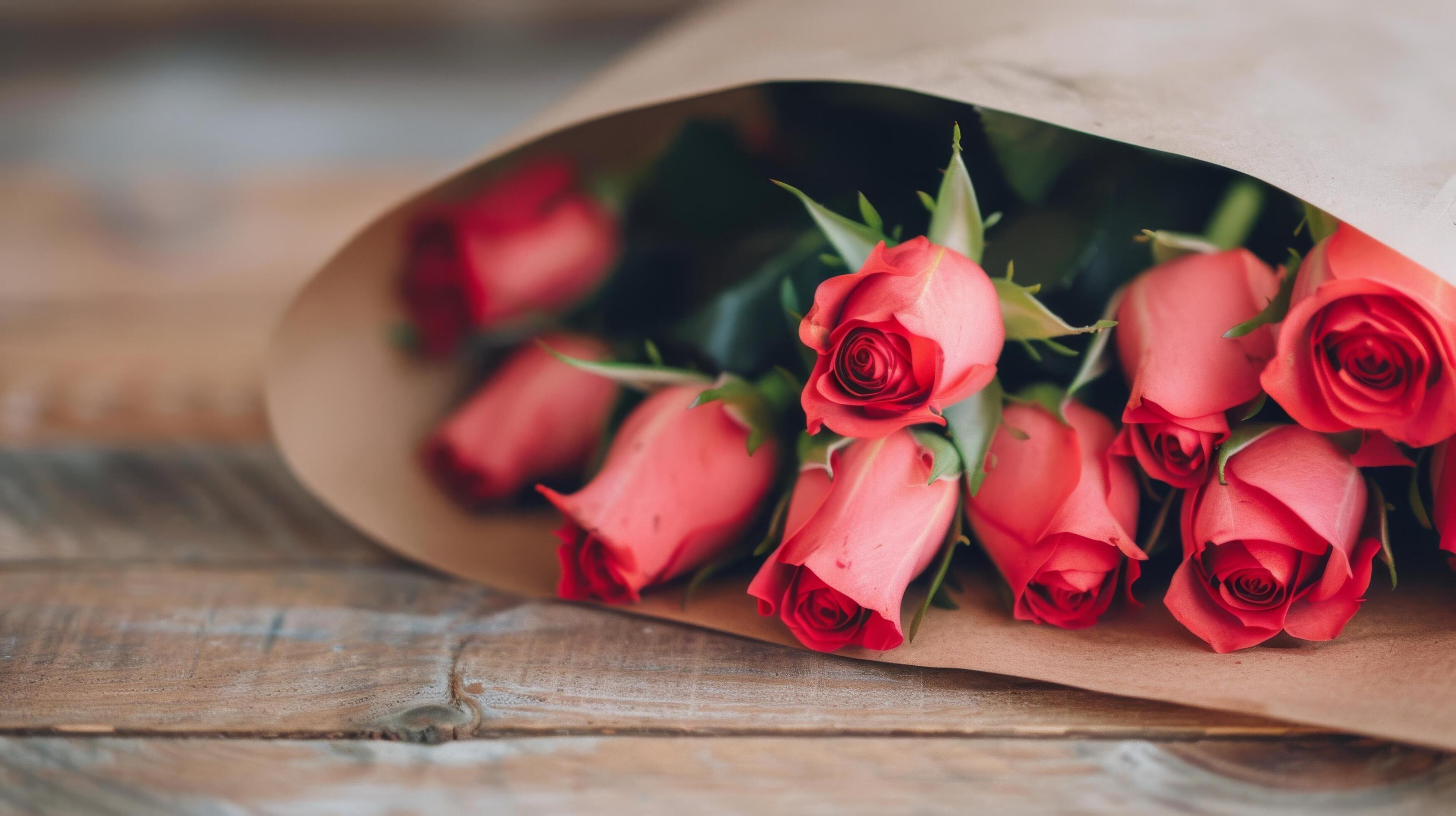 Fresh Red Roses in a Brown Paper Bag on a Soft Blurred Background Stock Free