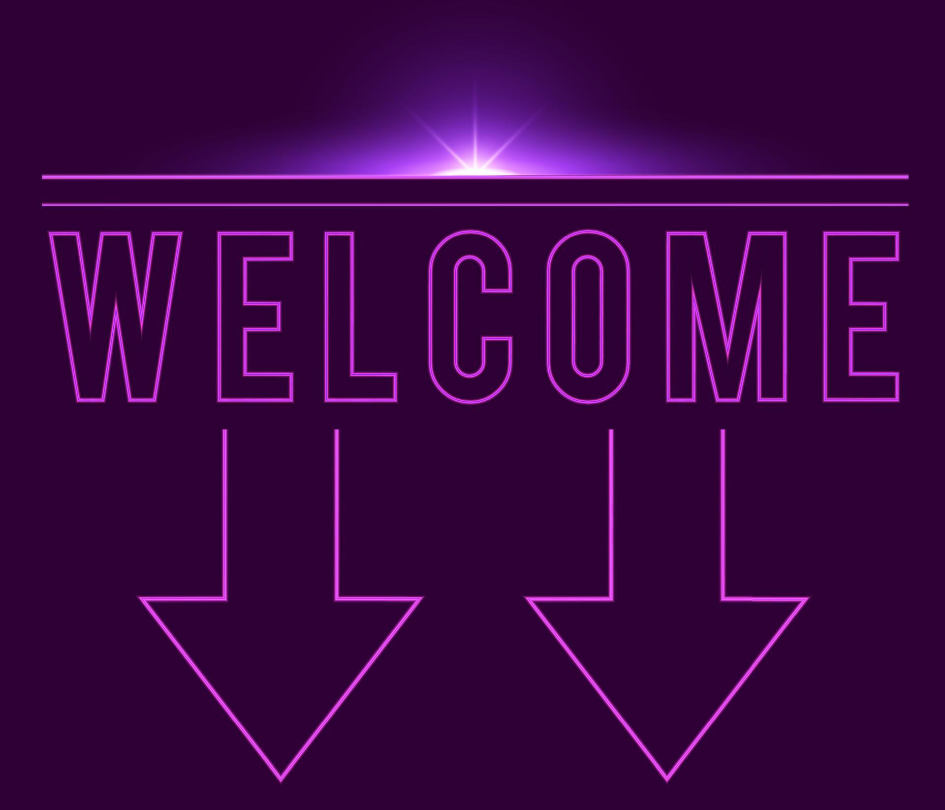 Welcome arrow in neon style. Welcome neon signs. greeting card, invitation card, light banner, posters, flyer Stock Free