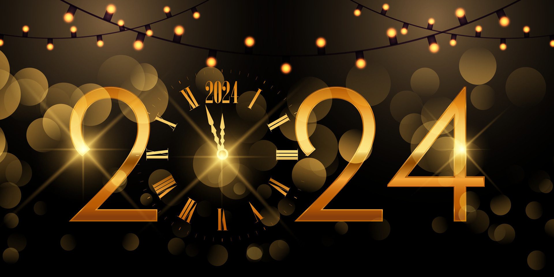 Happy New Year banner with gold clock and numbers design Free Vector