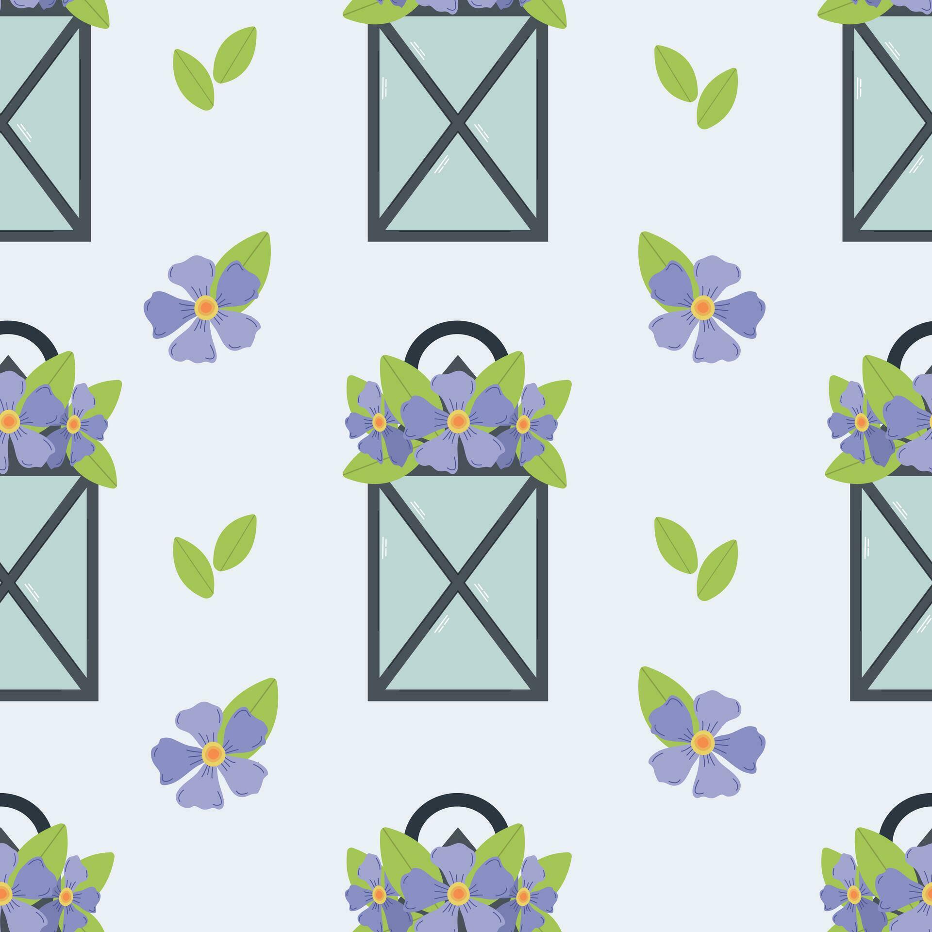 Seamless pattern with flowers, lamp and leaves. Vector illustration. Stock Free