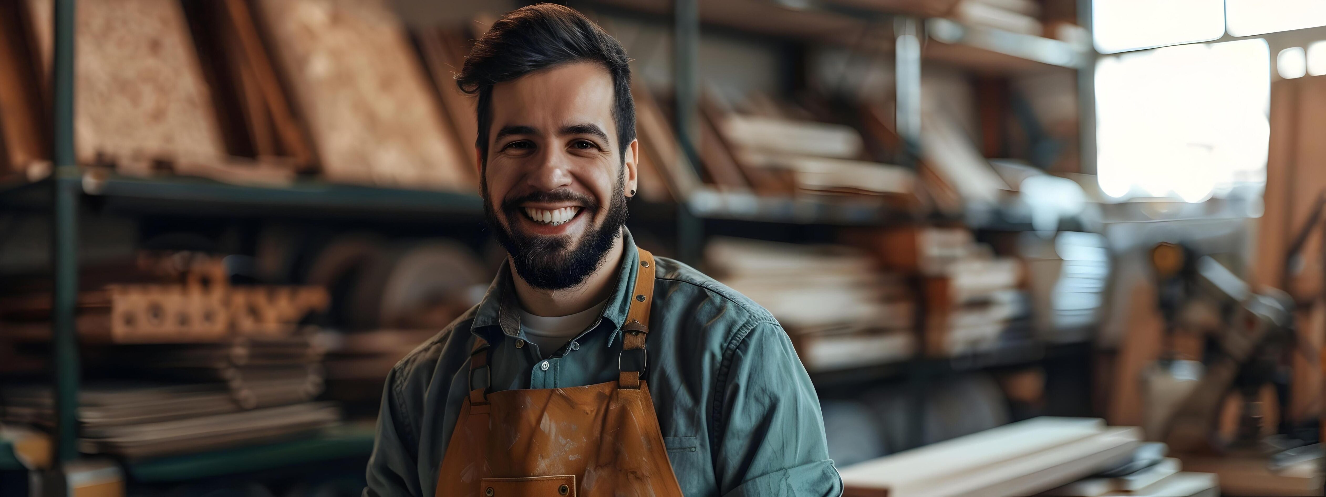 Cheerful Carpenter Embracing His Craft in Woodworking Workshop Stock Free