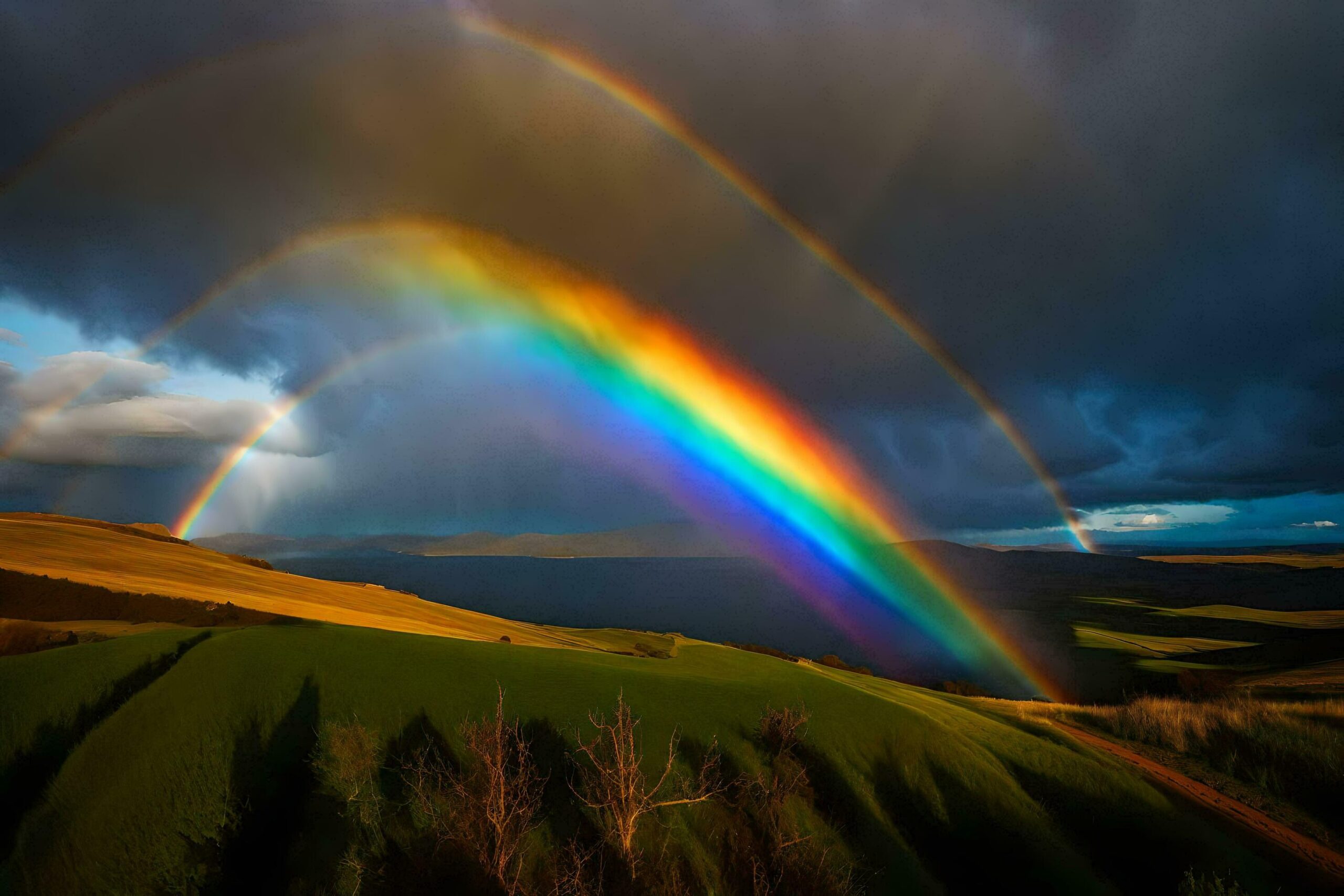 a rainbow over a field with a dark sky Free Photo