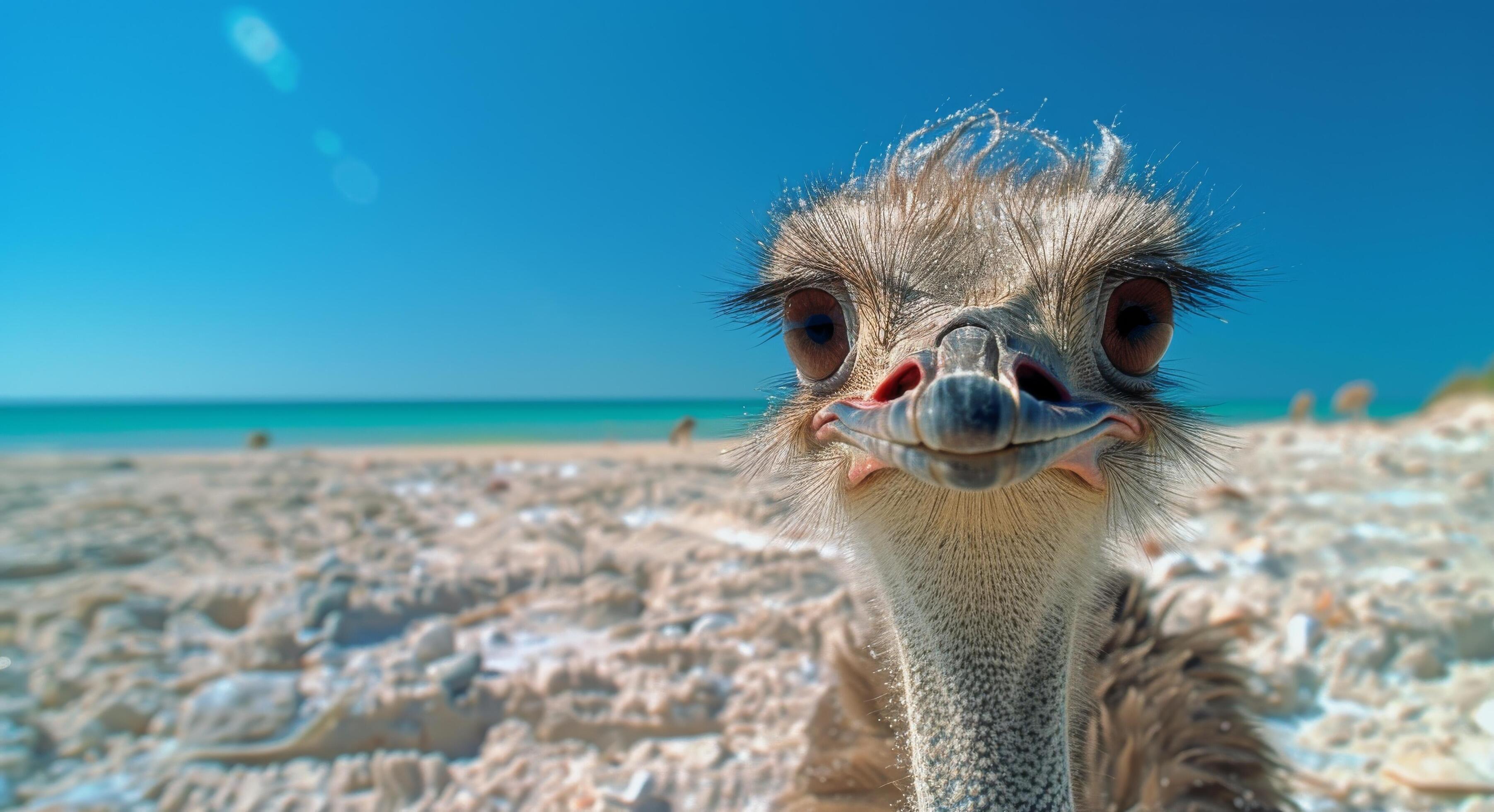 Ostrich Standing on Sandy Beach With Ocean in Background Stock Free