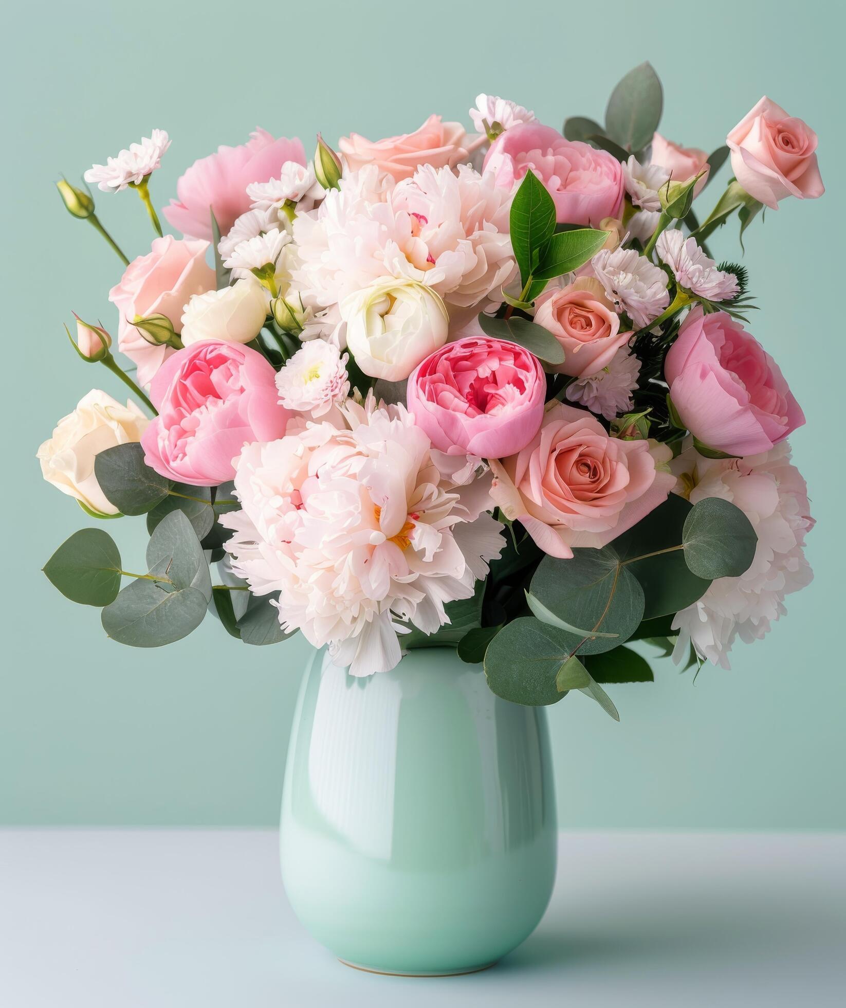 Elegant Floral Arrangement in Pastel Tones on Mint Green Background Stock Free